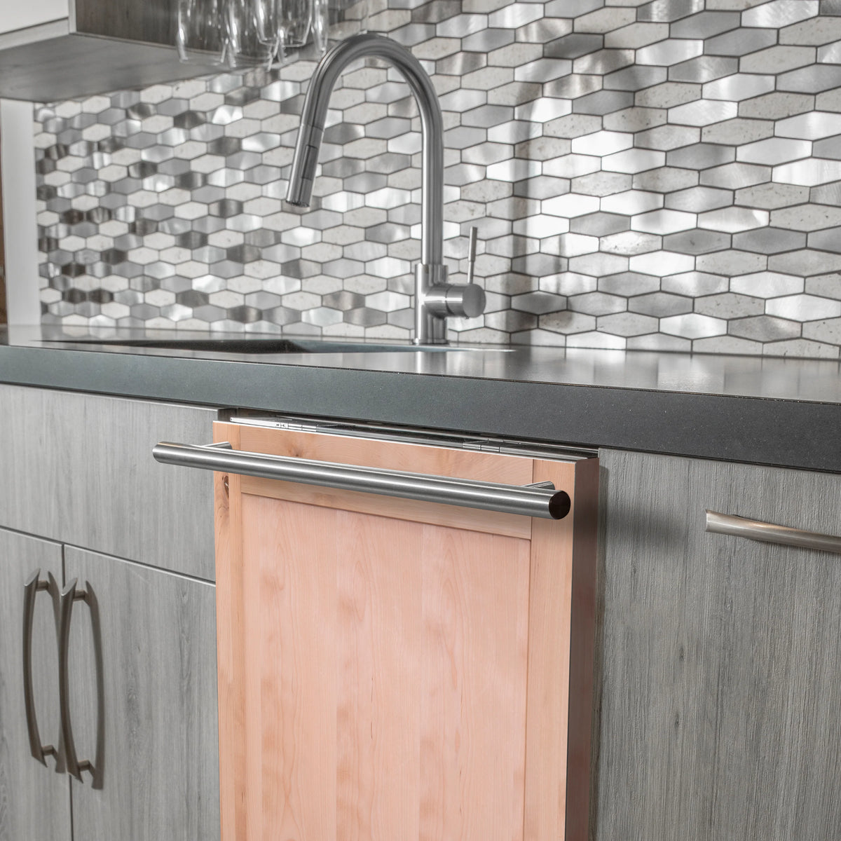 Dishwasher door and stainless modern handle with unfinished wood panel
