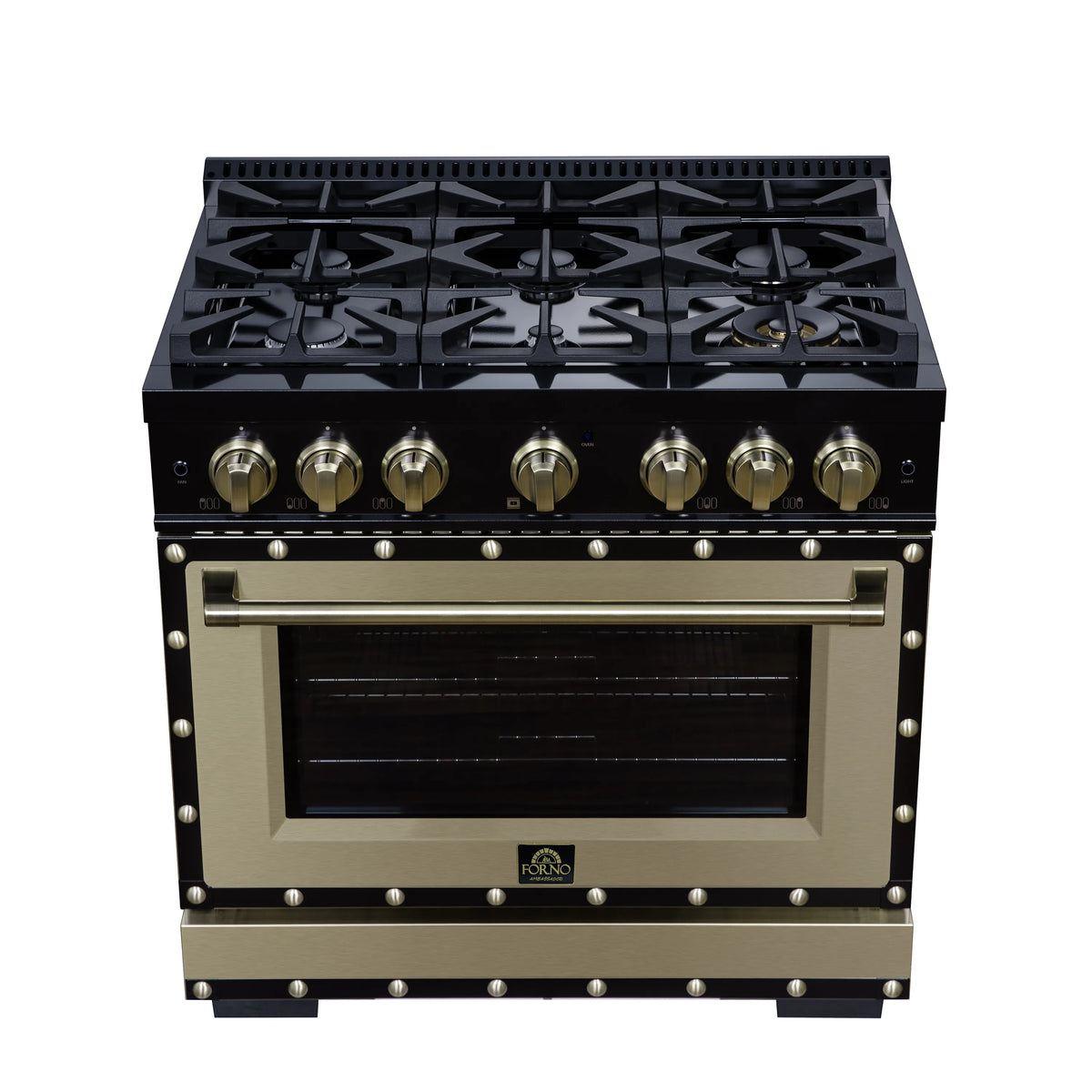 Black dual fuel range with six burners, brass knobs, and oven door window