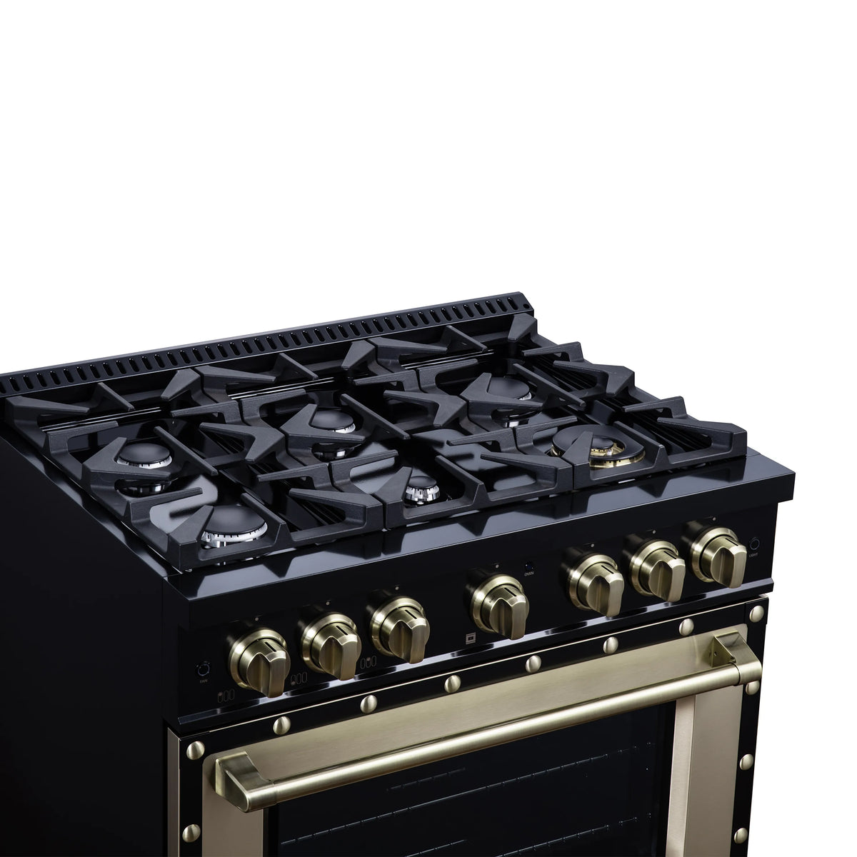Black dual fuel range cooktop with six sealed burners and brass control knobs