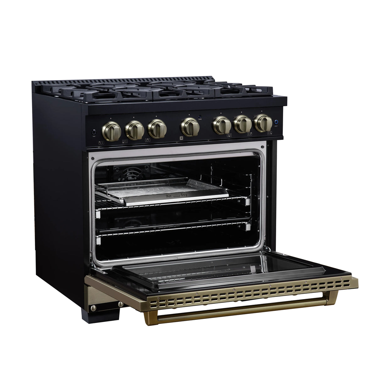 Black dual fuel range with oven door open, racks inside, and brass trim