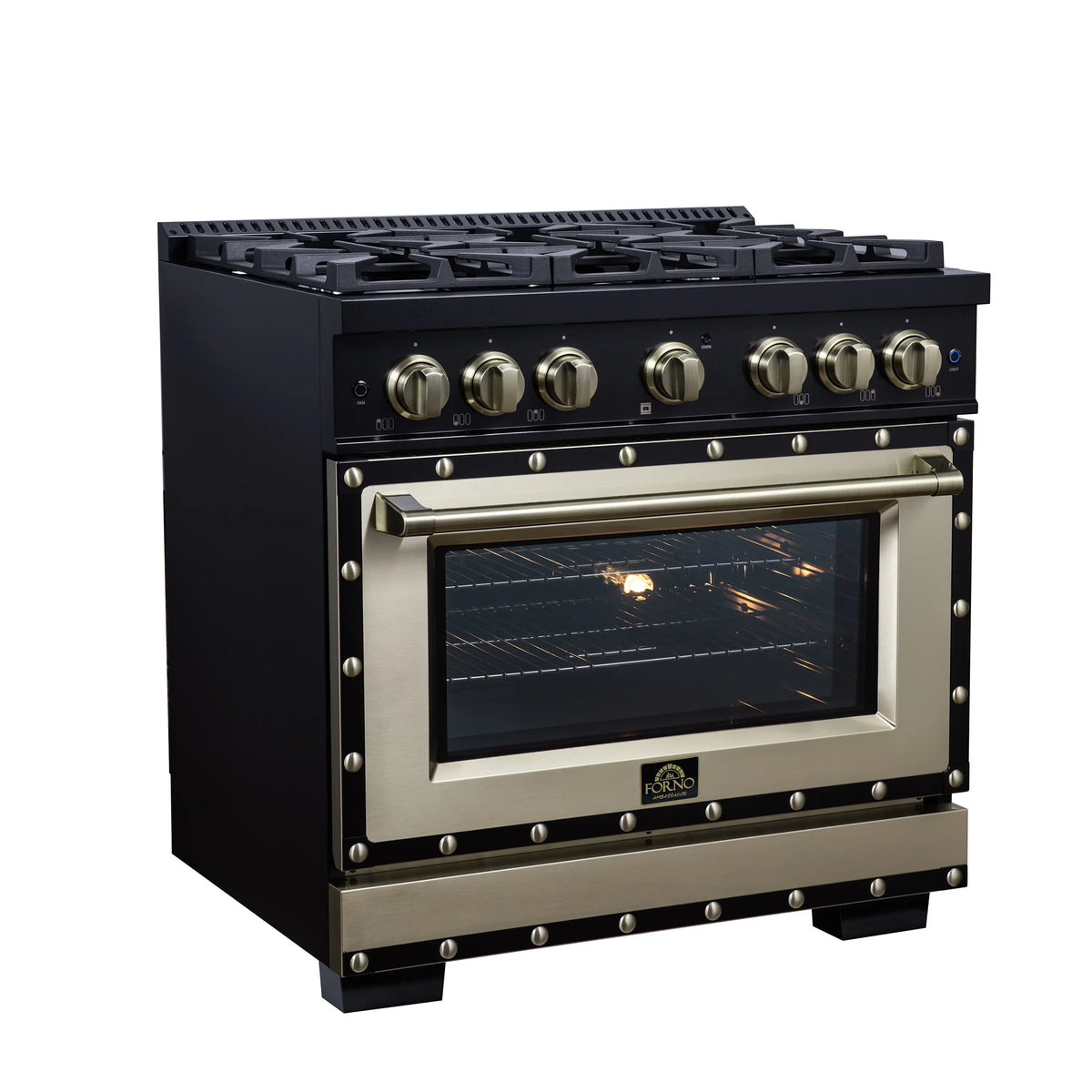 Black dual fuel range with brass handle, decorative rivets, and lit oven window
