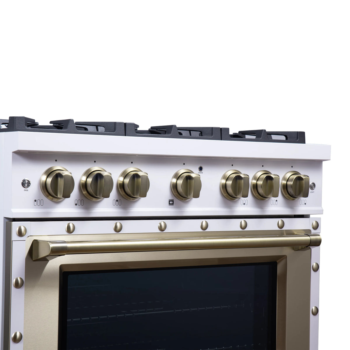 White dual fuel range front view with brass control knobs and black oven door