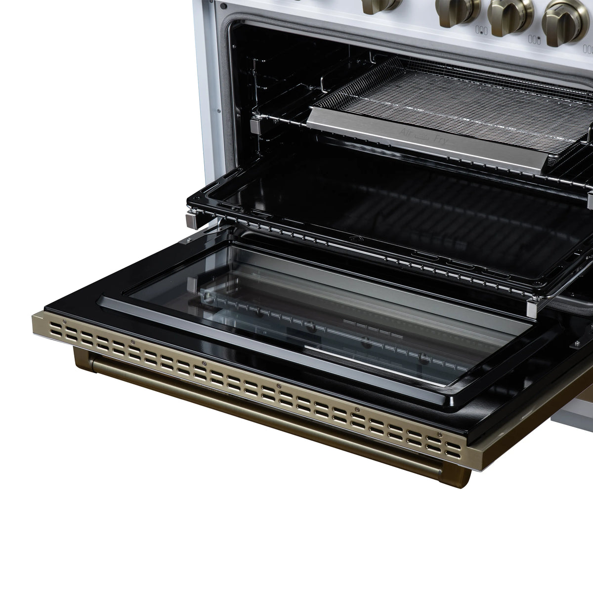 Convection oven interior with open racks and black baking tray in white range