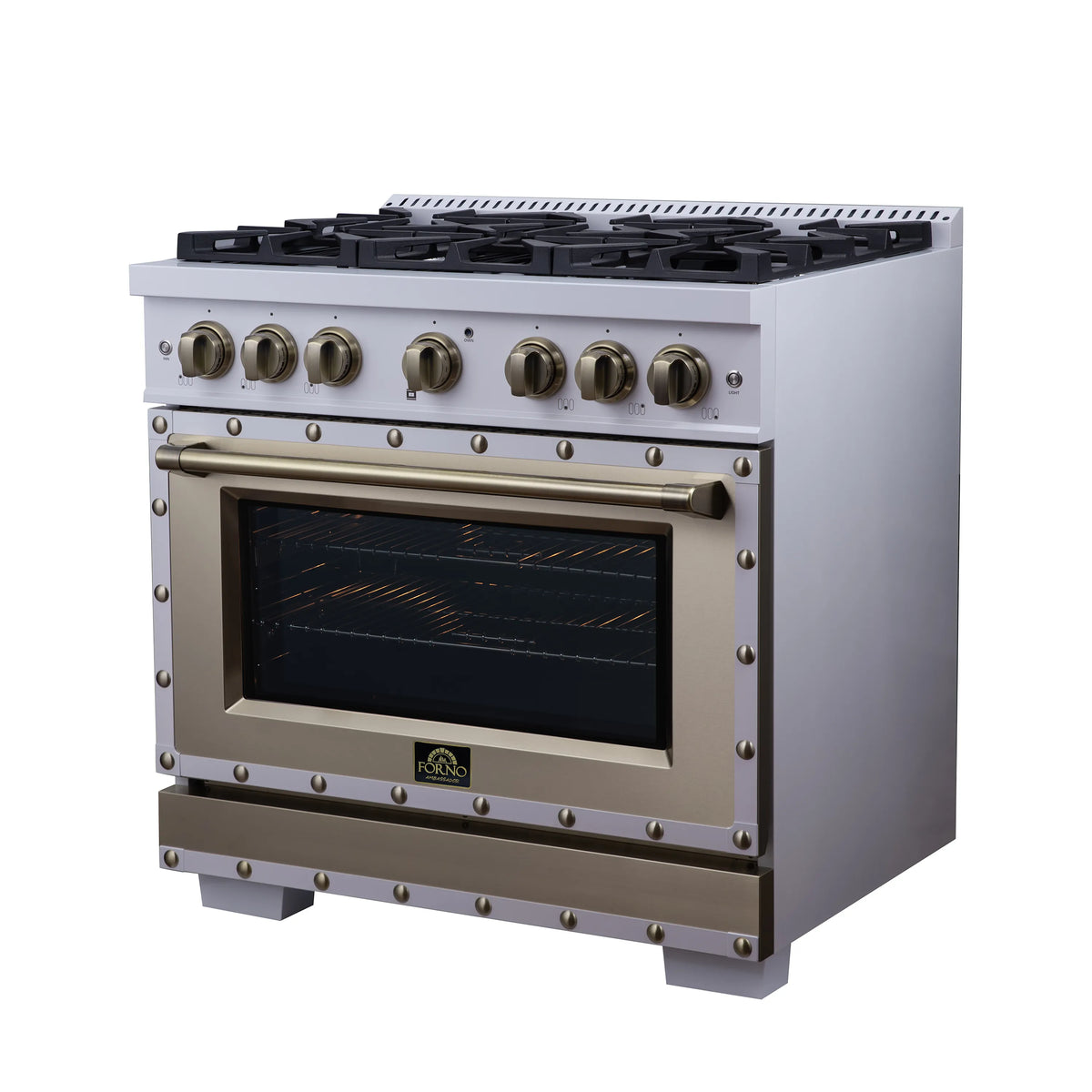 White dual-fuel range with six brass control knobs and closed convection oven door