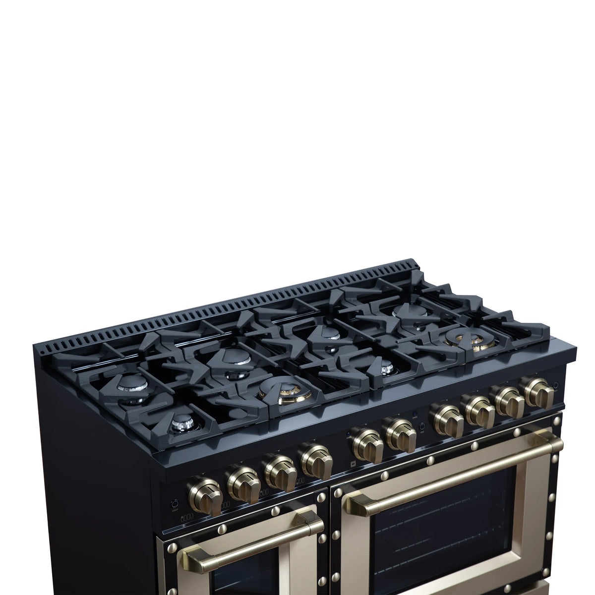 Black dual fuel range with cast iron burners, brass knobs, and front glass oven doors
