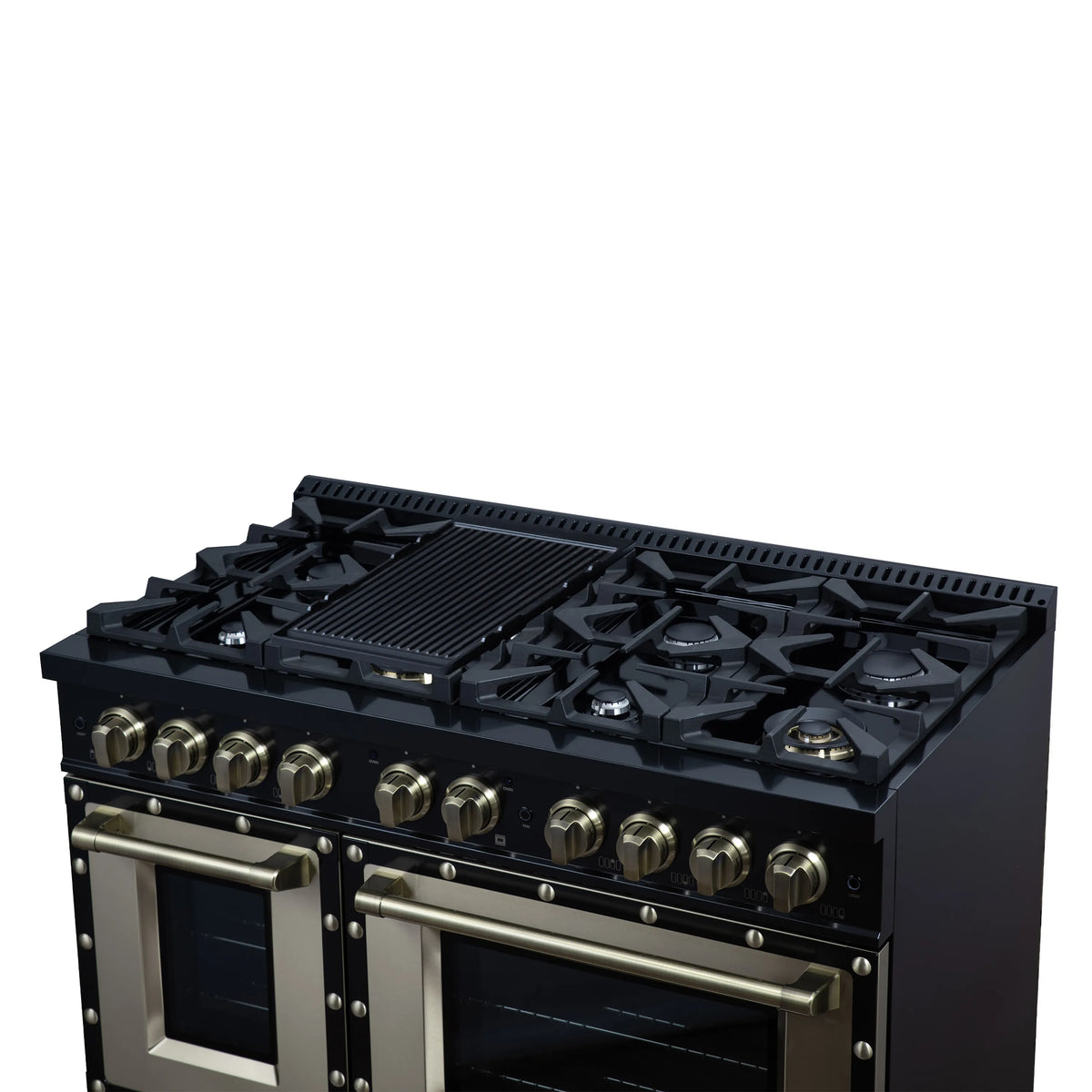 Black dual fuel range with cast burners and brass control knobs, front oven doors