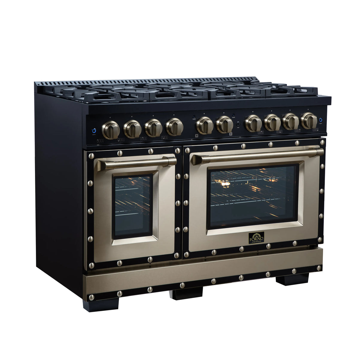 Black dual fuel range with brass knobs, two oven doors, and decorative metal trim