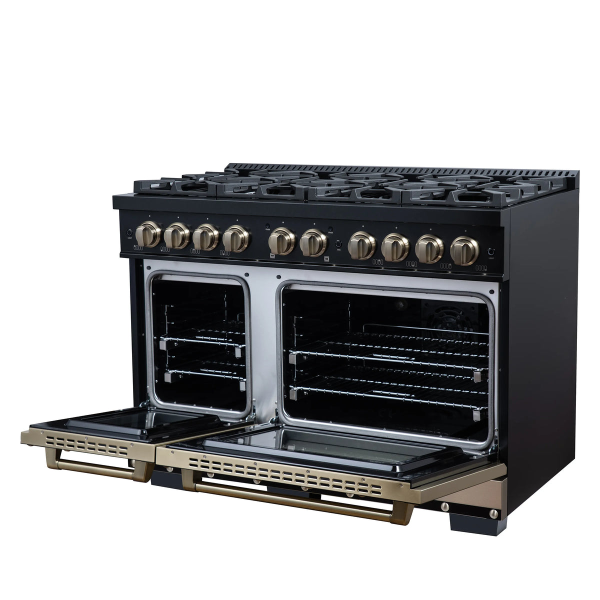 Black dual fuel range with two open ovens showing racks, brass handles and control knobs