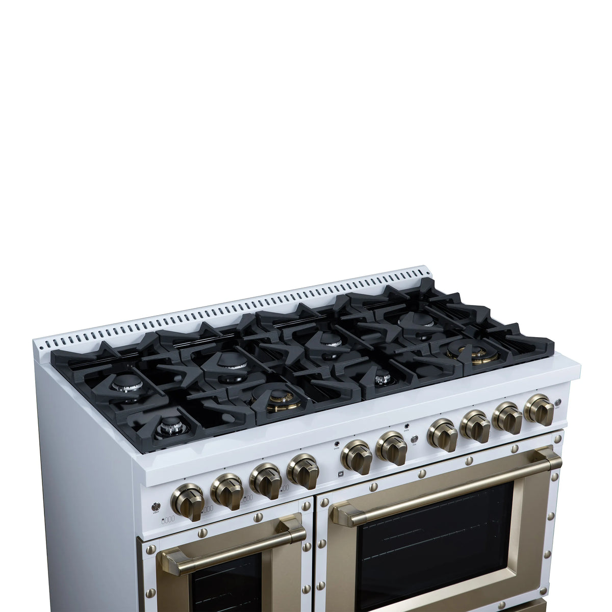 White dual fuel range with top burners and both ovens open, brass trim