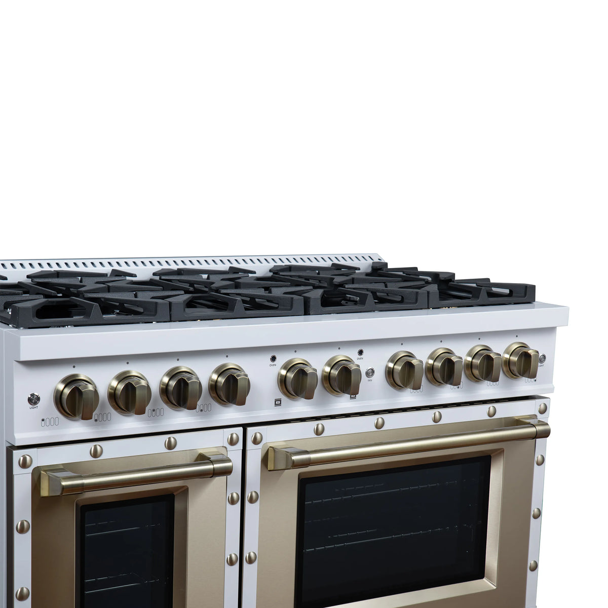 White dual fuel range front with two oven doors, brass knobs, and burner grates
