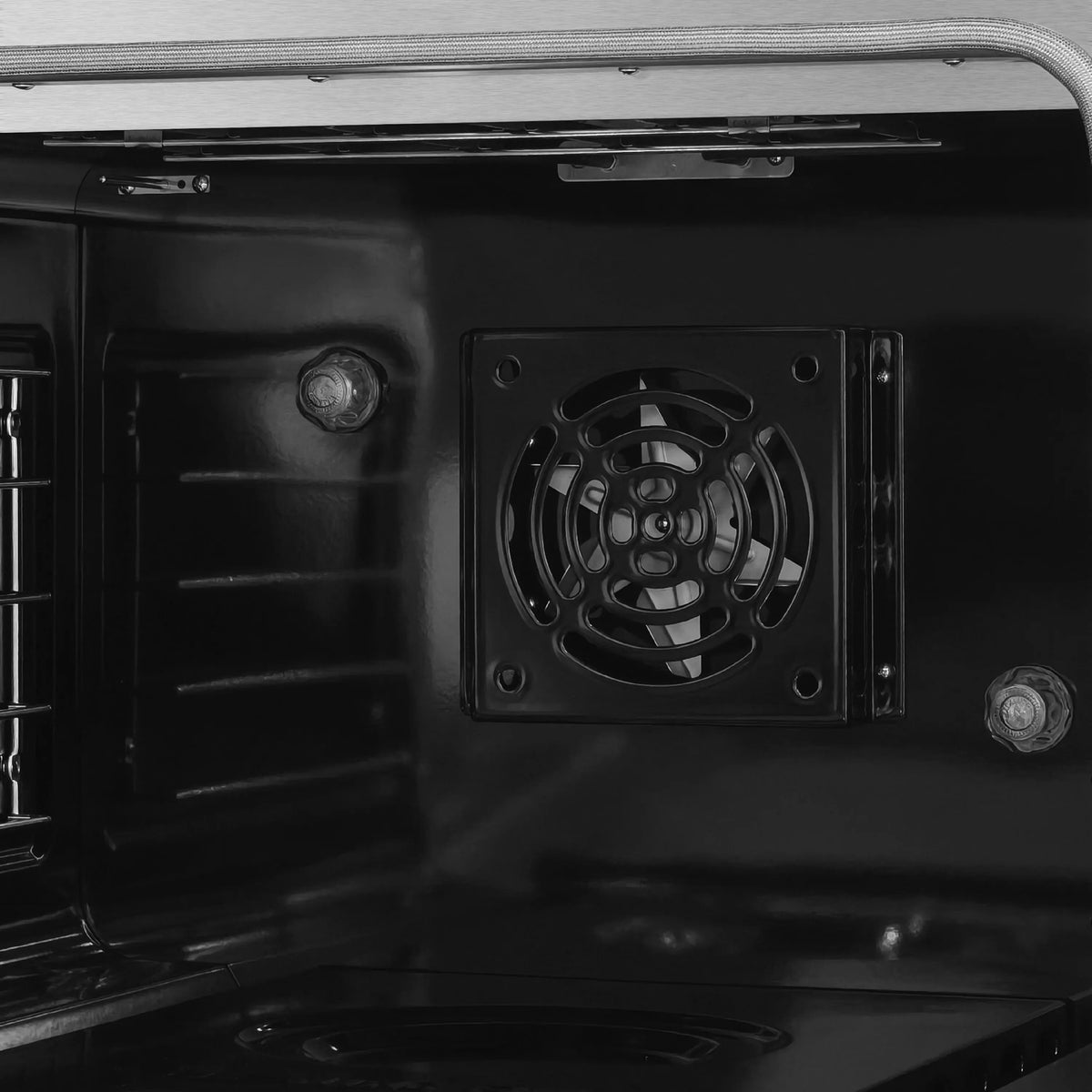 Oven cavity interior with rear fan vent and black enamel cooking surface