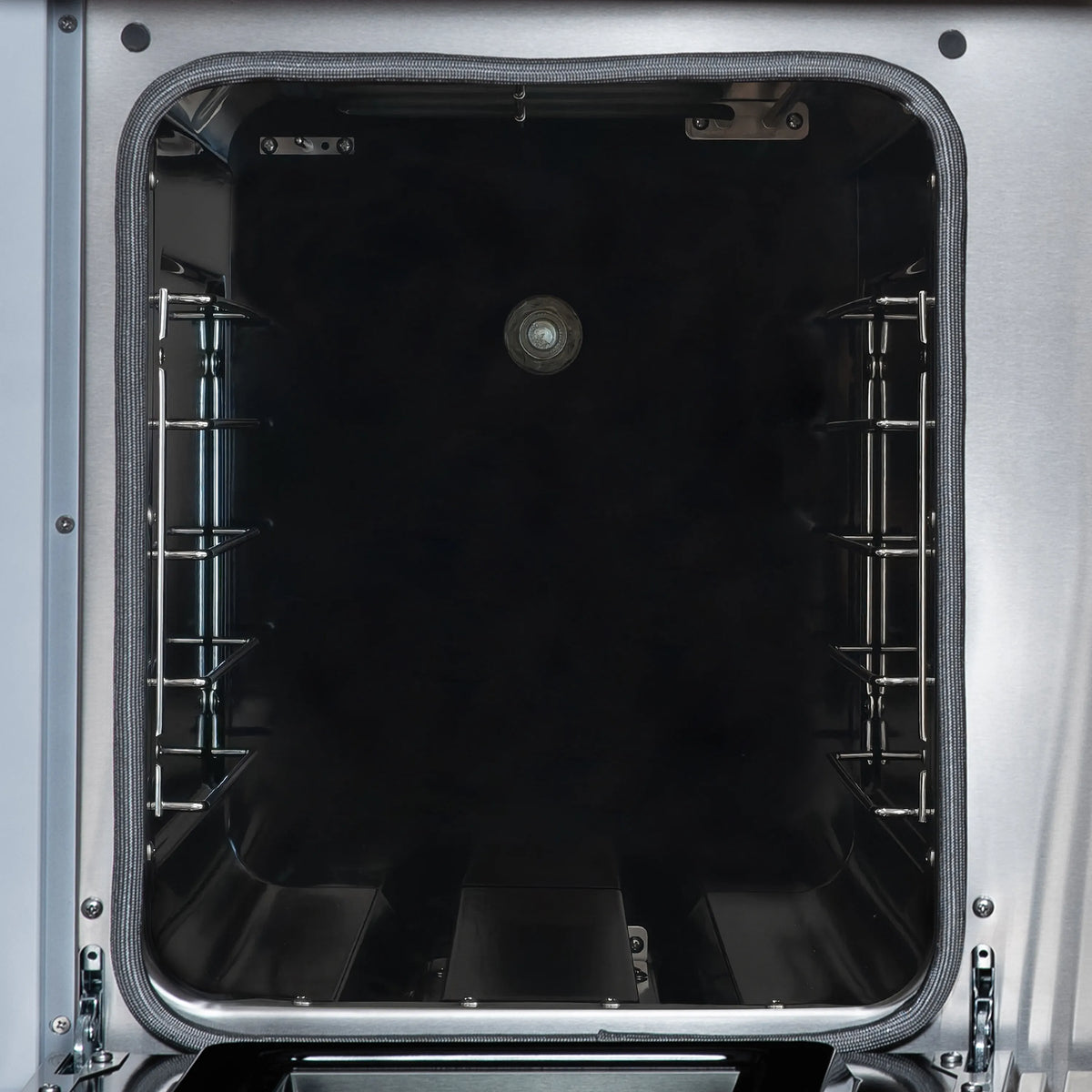 Dual fuel oven cavity with side racks and arched oven door frame