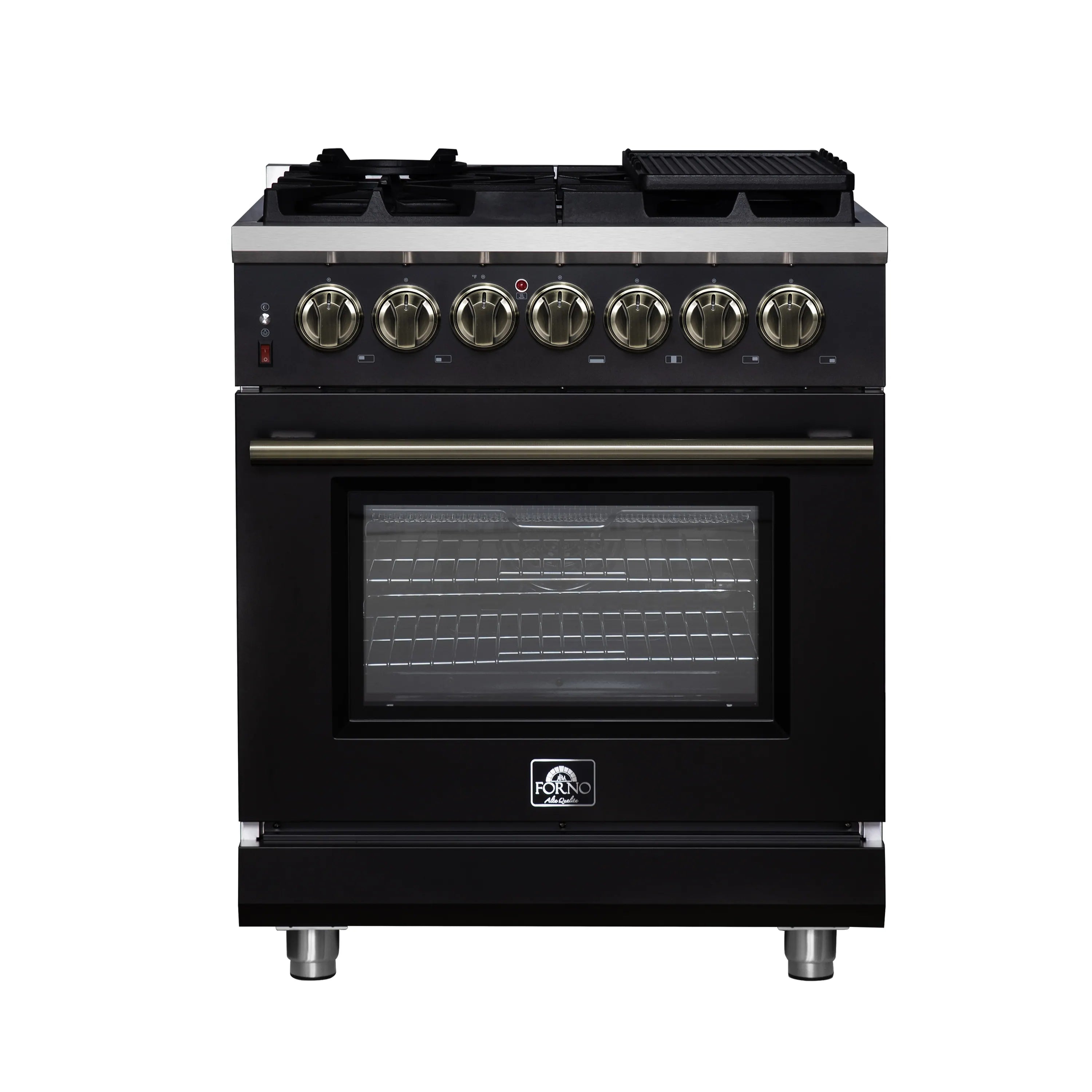 Black freestanding dual fuel range with brass knobs and glass oven door