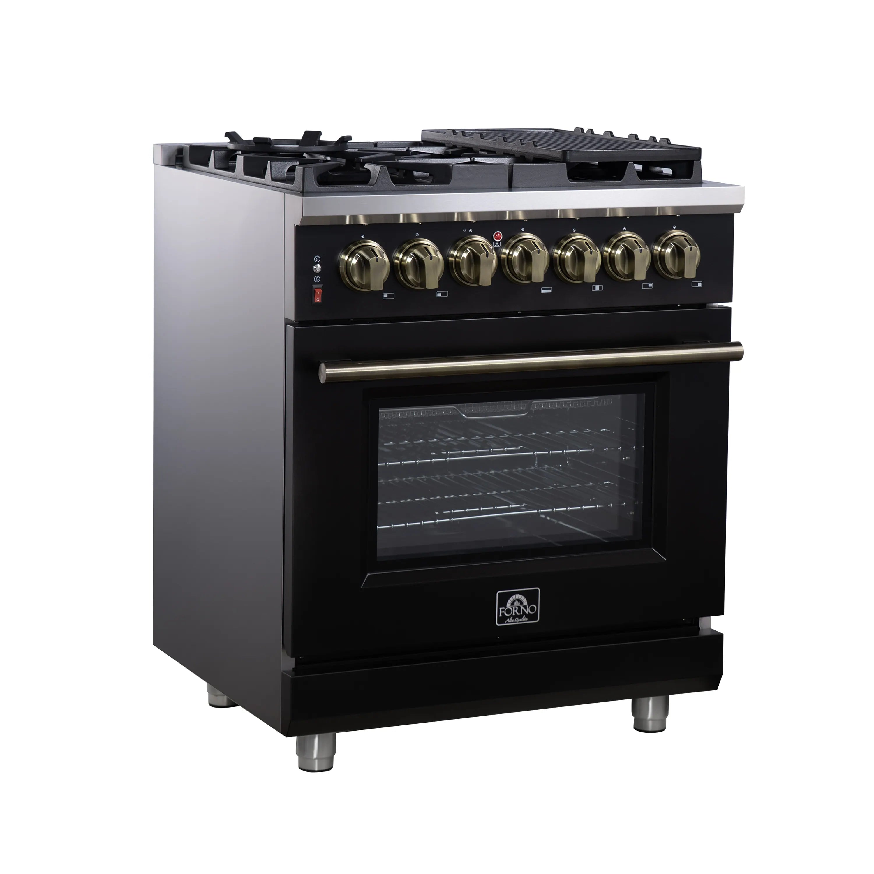 Black freestanding dual fuel range with brass control knobs and oven window