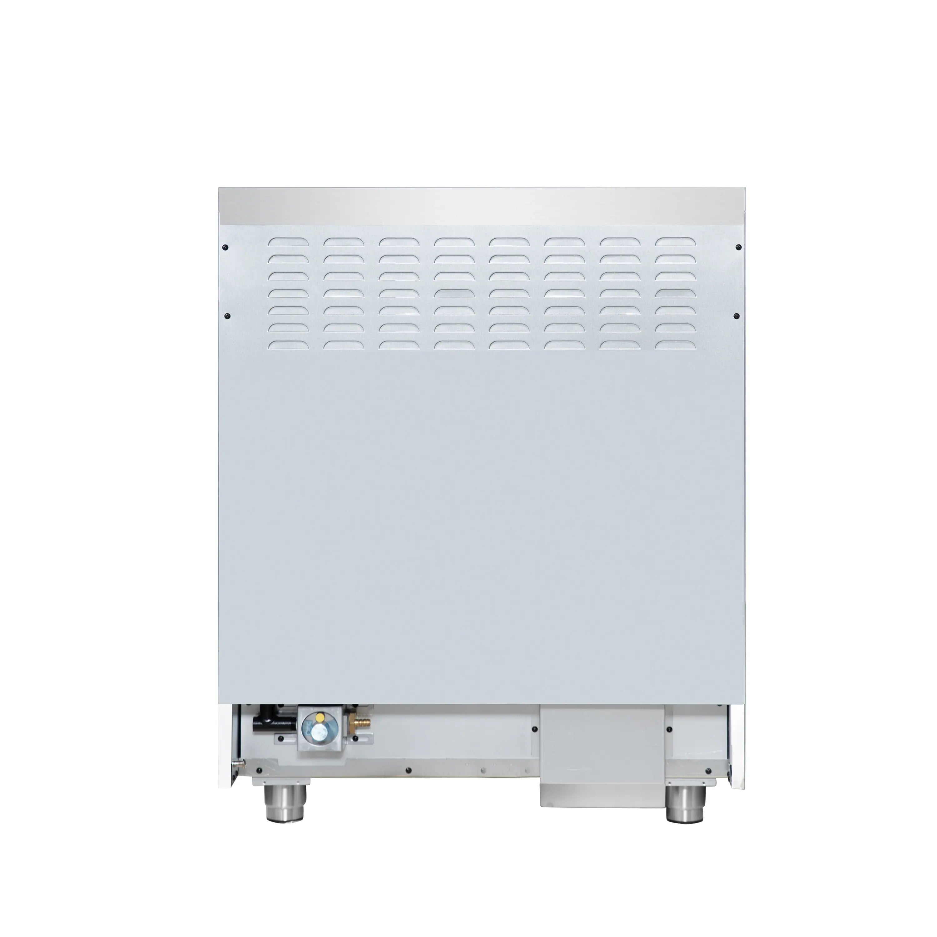 Underside back panel of a white freestanding range with ventilation grille