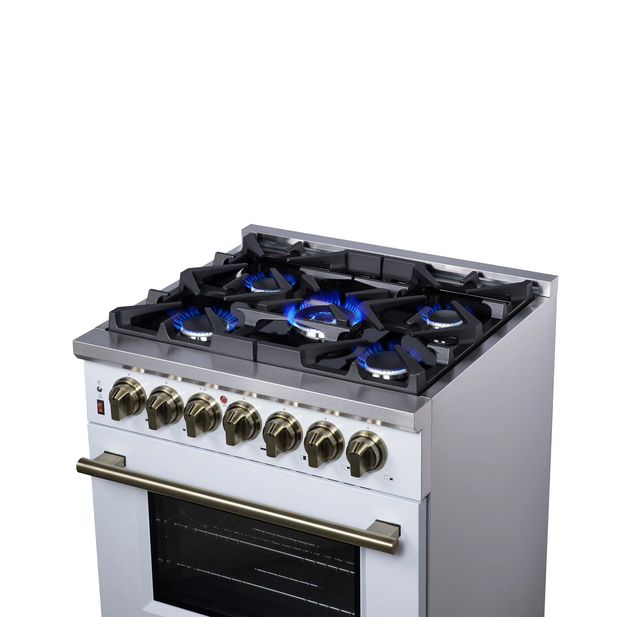 White freestanding dual fuel range with black grates, 5 gas burners, and brass knobs