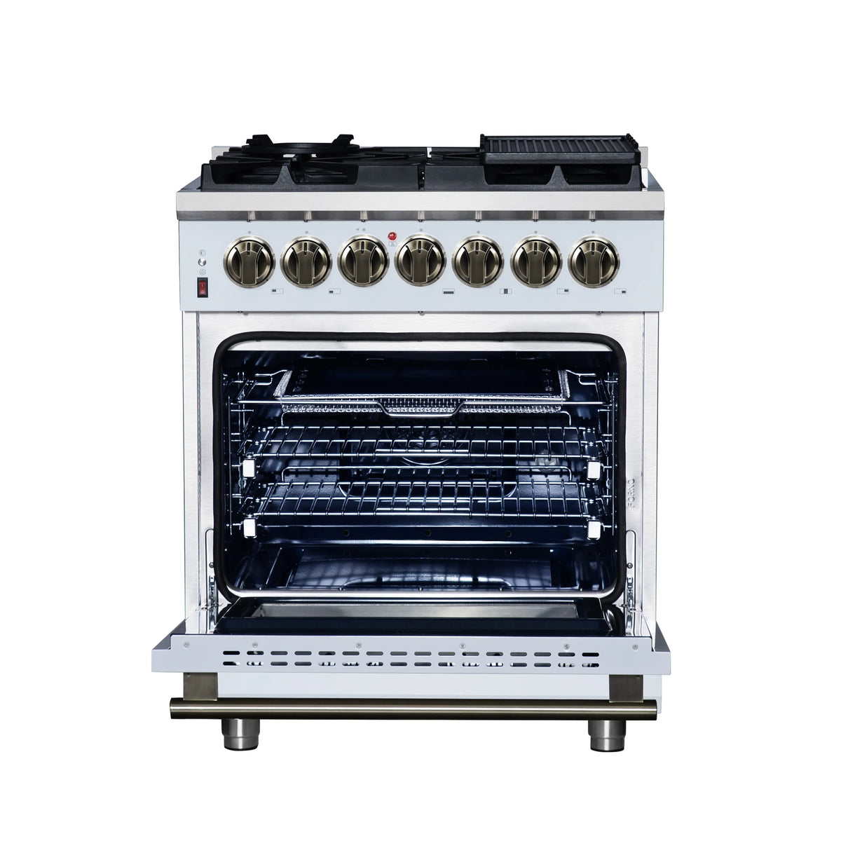 White convection oven with open door and racks, plus brass control knobs on top