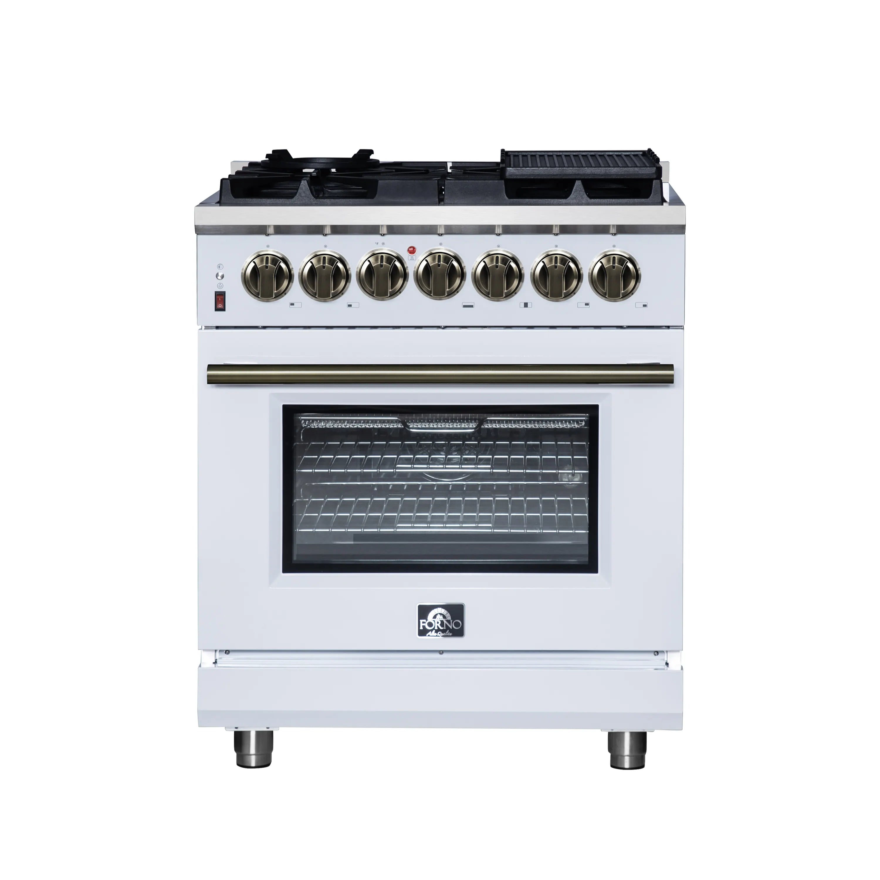 White freestanding dual fuel range with 5 burner knobs, brass handle, and oven door