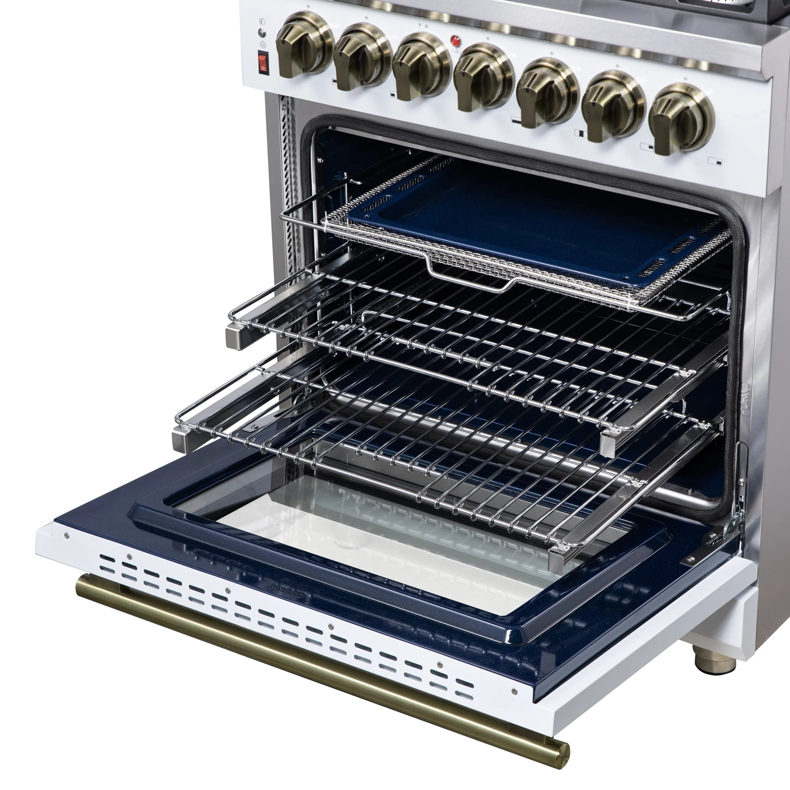 Freestanding dual fuel range with open convection oven, racks, and brass trim