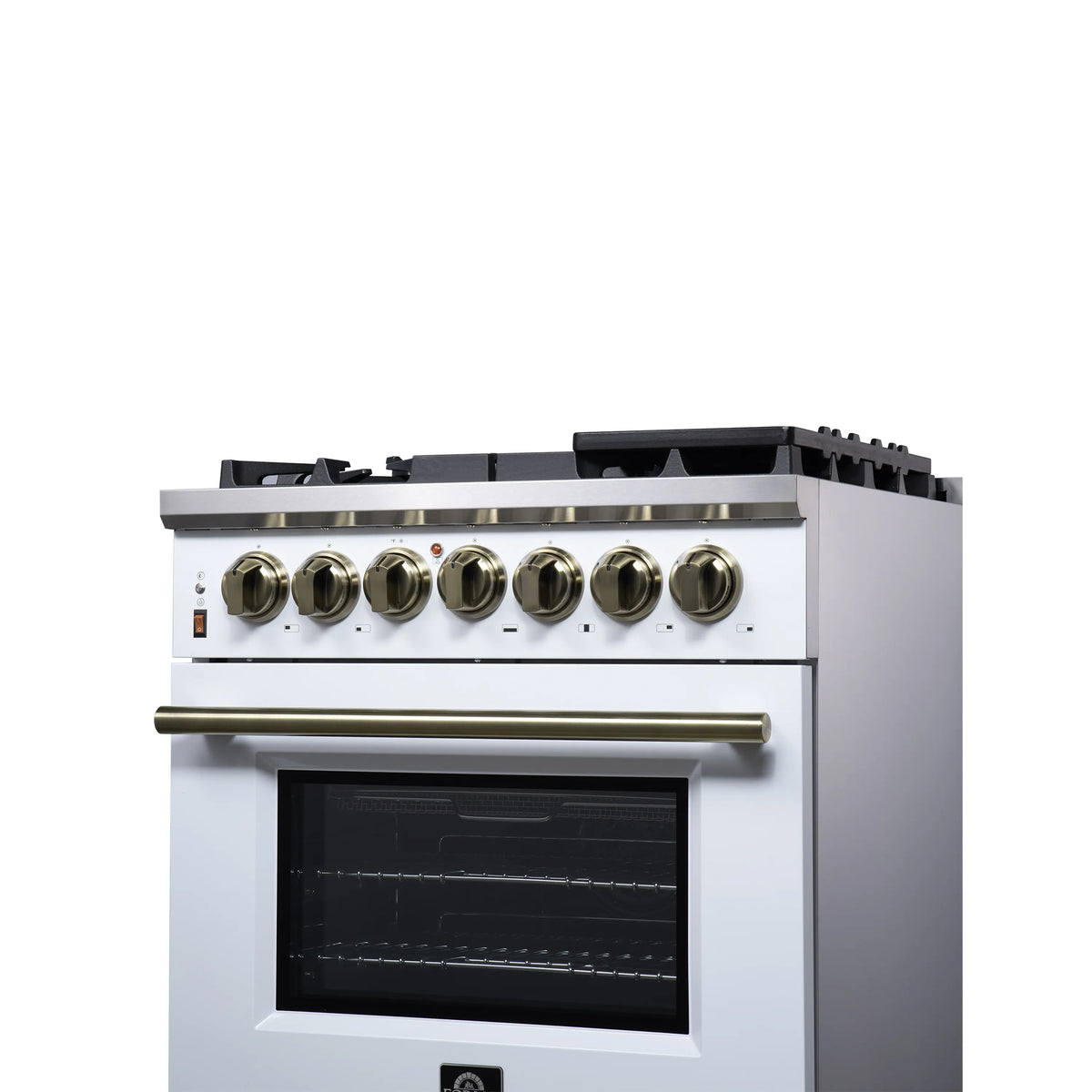 White dual fuel range front view with brass knobs, oven window, and handle