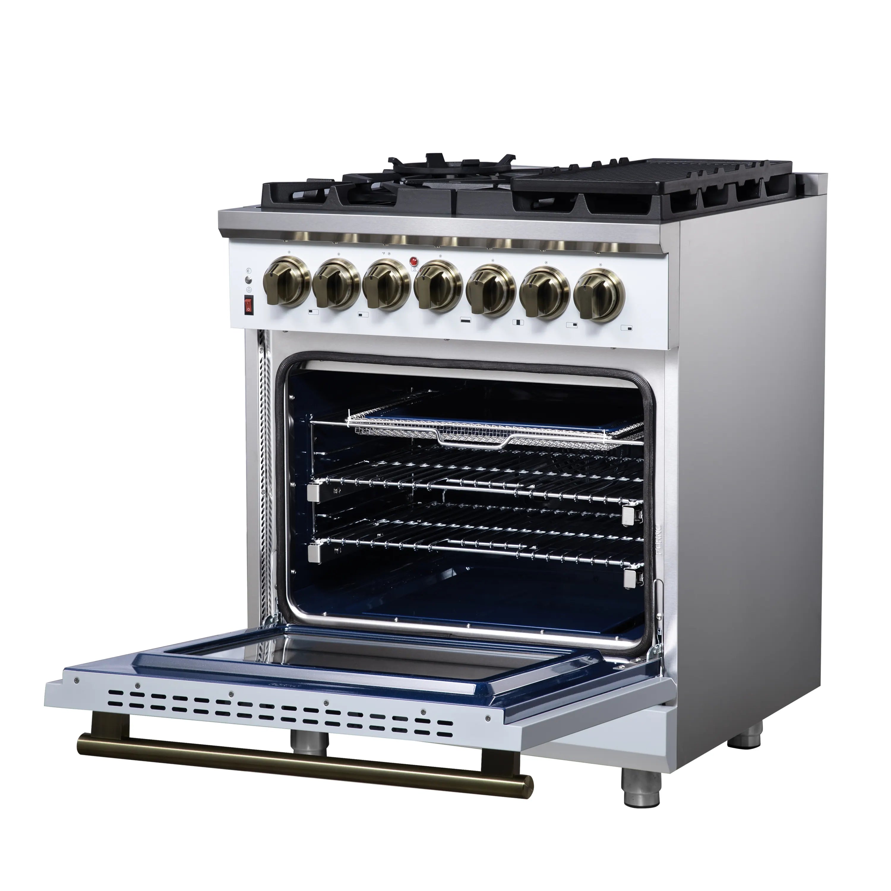Open convection oven of a white dual fuel range with racks and brass handle