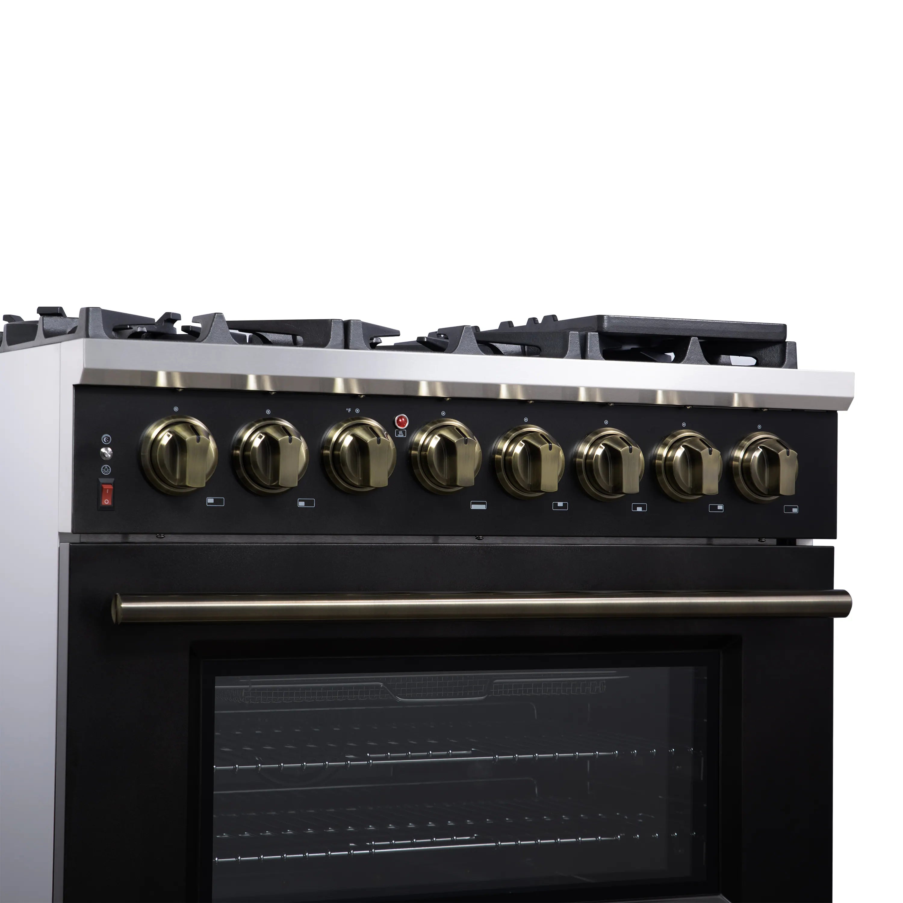 Black freestanding range with brass-tone burner knobs and closed glass oven door