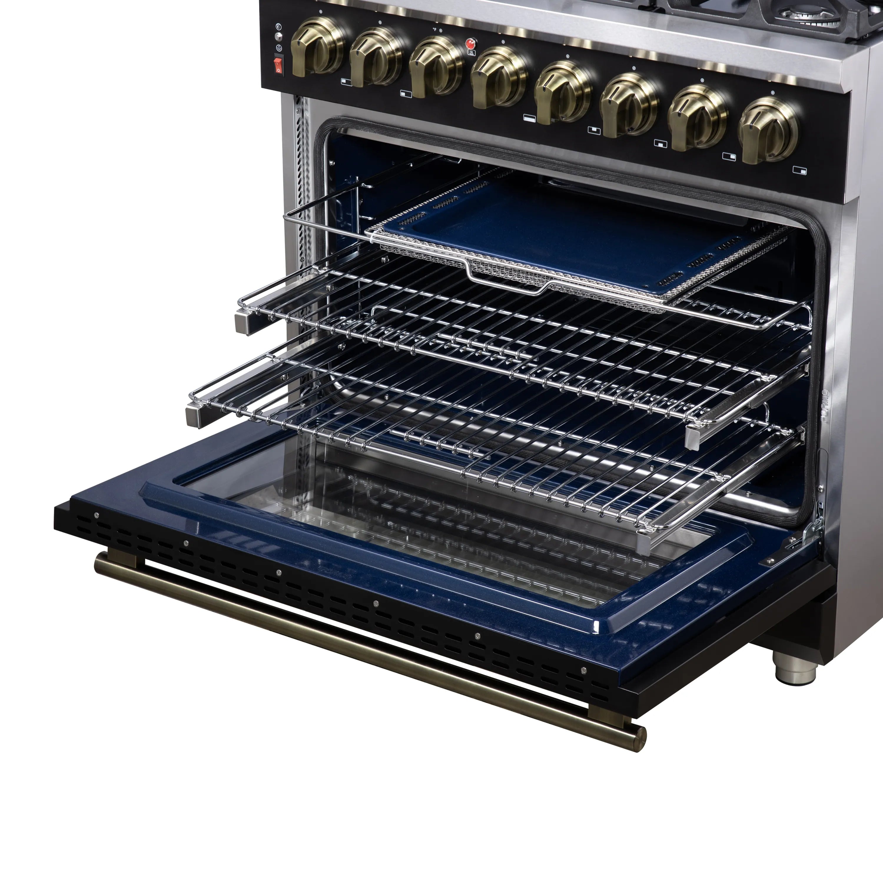 Freestanding range oven door open, showing convection racks and blue interior base