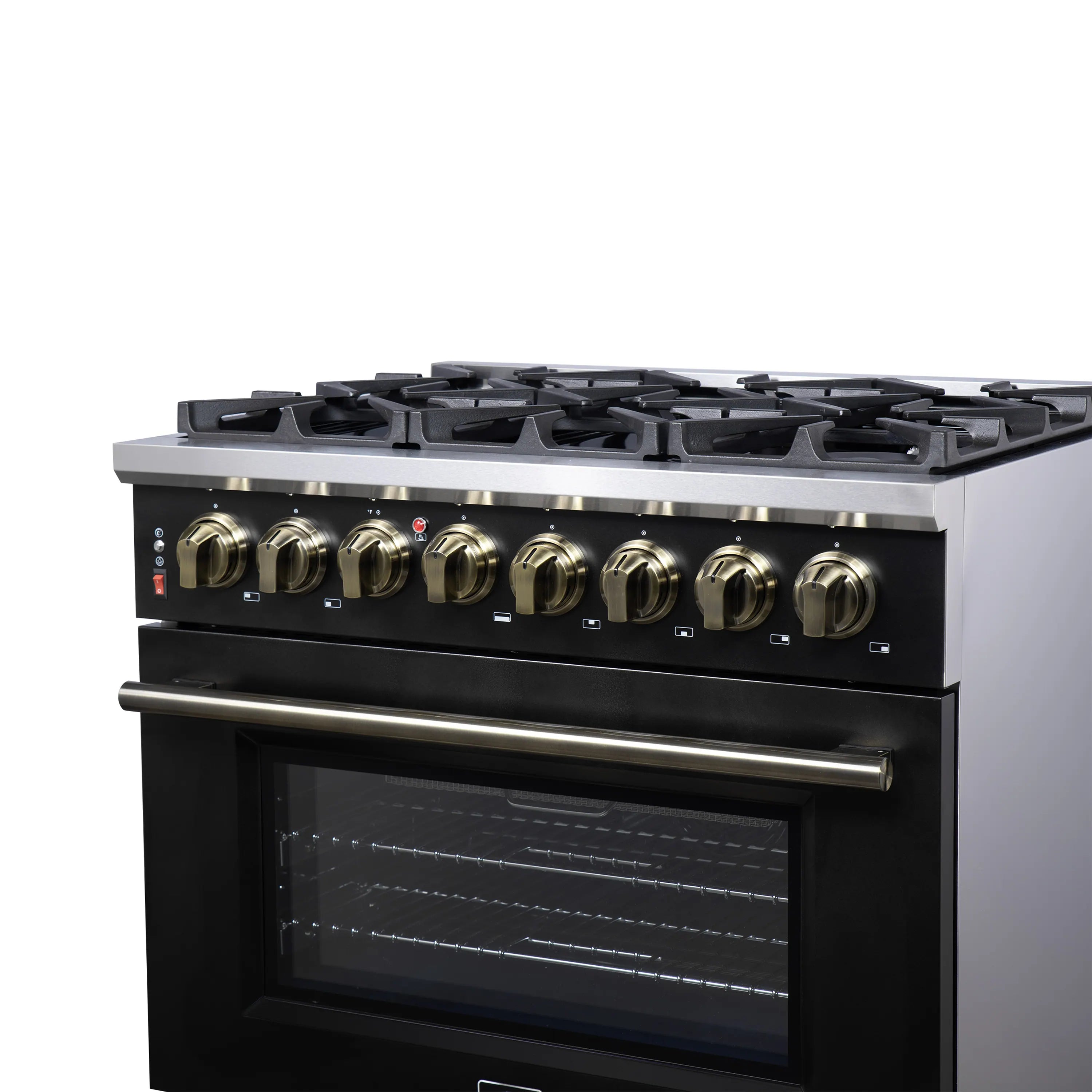 Black freestanding range with six burners and brass-tone control knobs