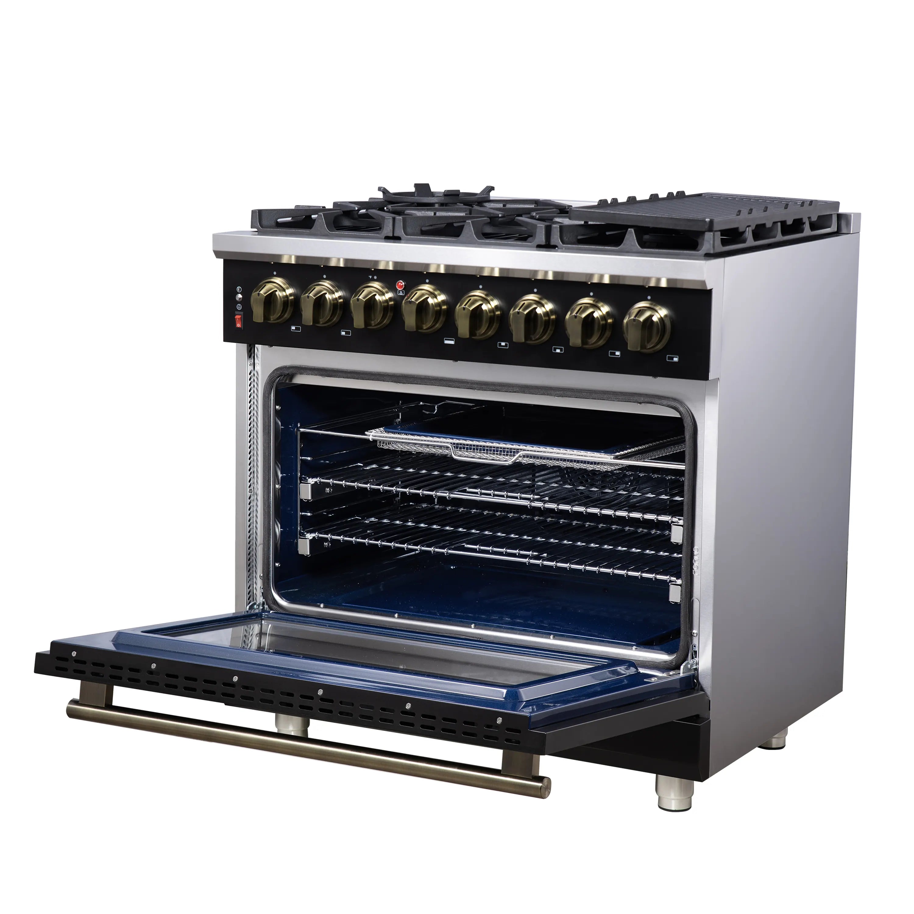 Freestanding range with open convection oven, racks, and brass-tone control knobs