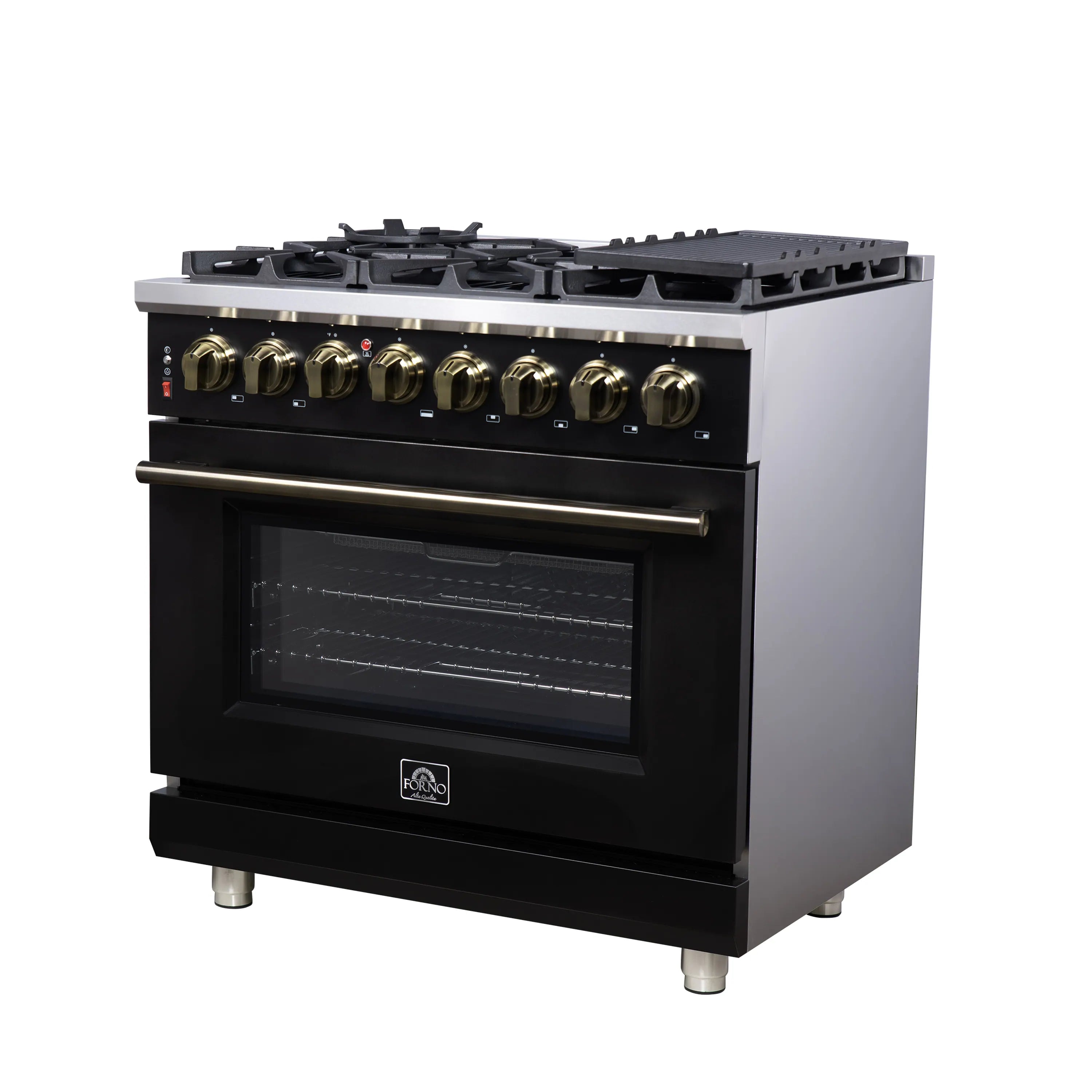 Black freestanding range with 6 burners, brass-tone knobs, and closed oven door