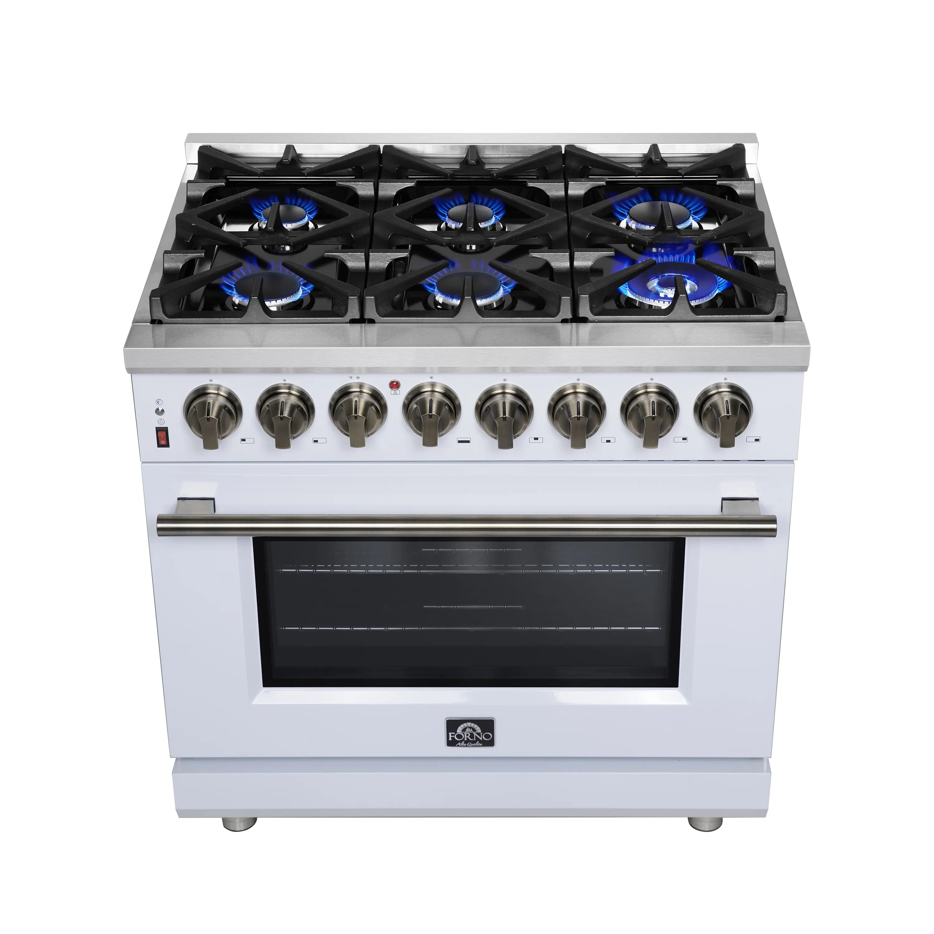 White dual fuel range with 6 gas burners and control knobs, oven door closed
