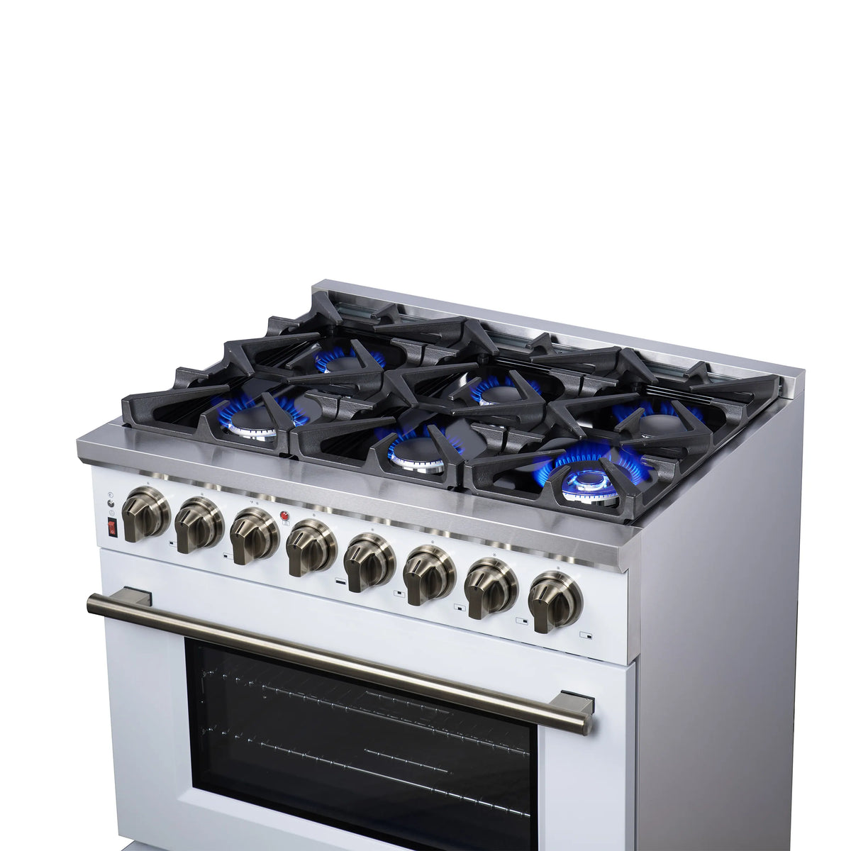 White dual fuel range top view with 6 burners and blue flames, front control knobs
