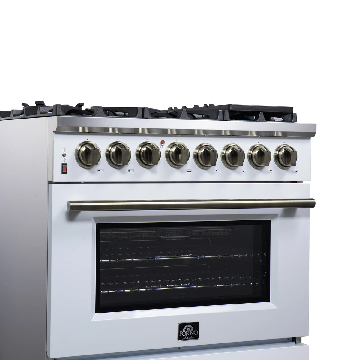 Freestanding dual fuel range control knobs with burner layout above dark oven window
