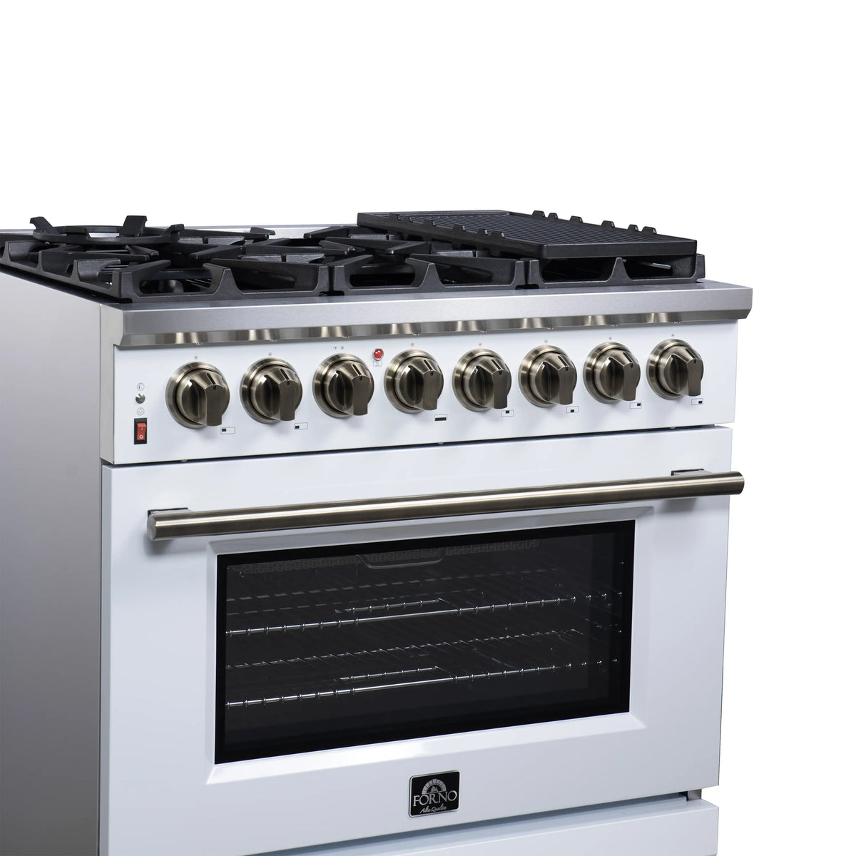 Freestanding dual fuel range front view with 6 burner knobs and dark glass oven door