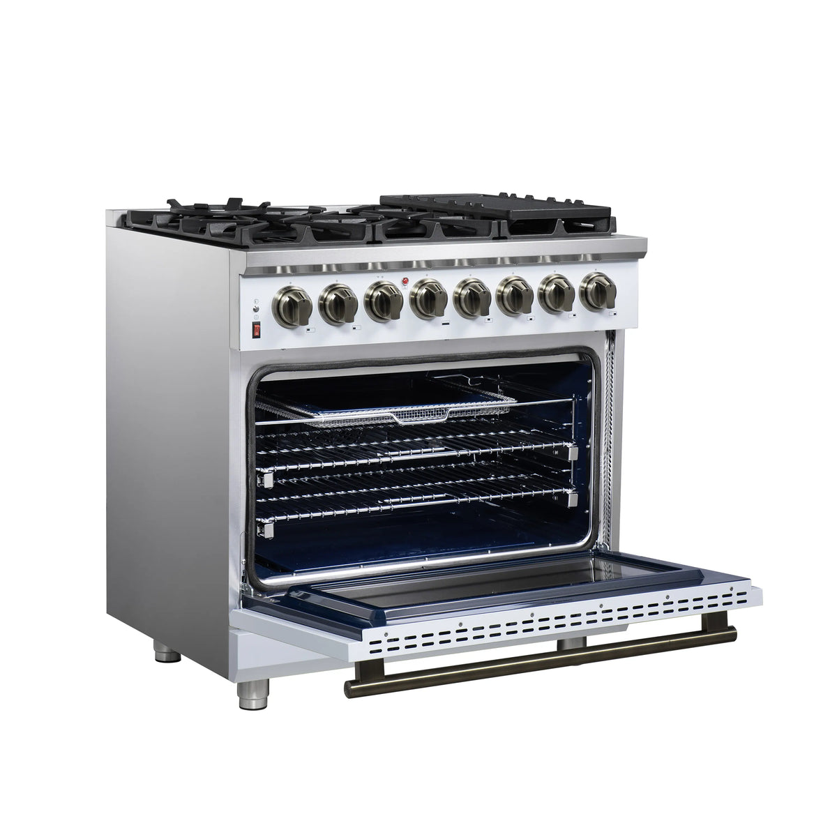 Freestanding dual fuel range with open oven and 6 burners on the cooktop