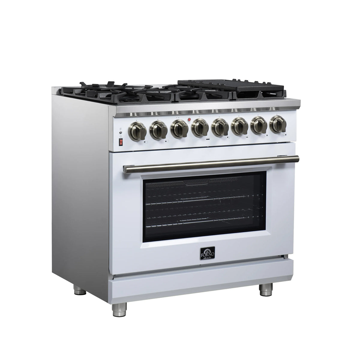 Freestanding dual fuel range with 6 burners, dark oven window, and stainless control panel