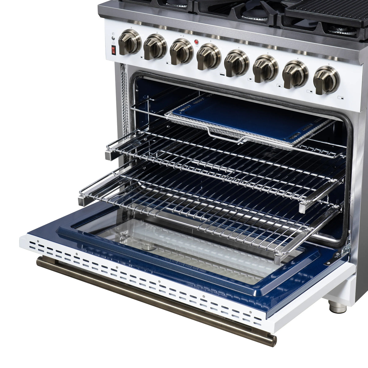 Open dual fuel oven with wire racks and blue-tinted interior tray