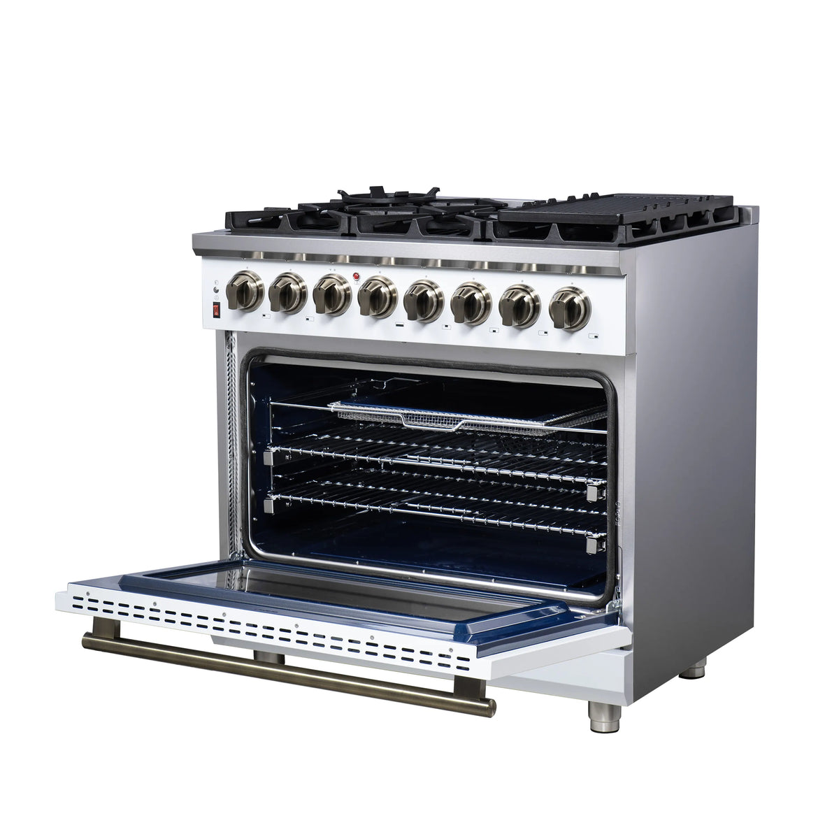 White dual fuel range with open convection oven, rack, and antique brass oven handle