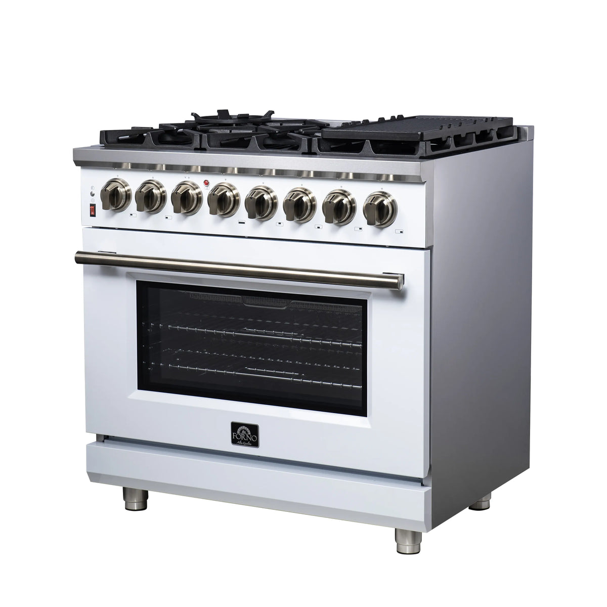 Freestanding dual fuel range with 6 burners, long stainless handle, and dark oven window