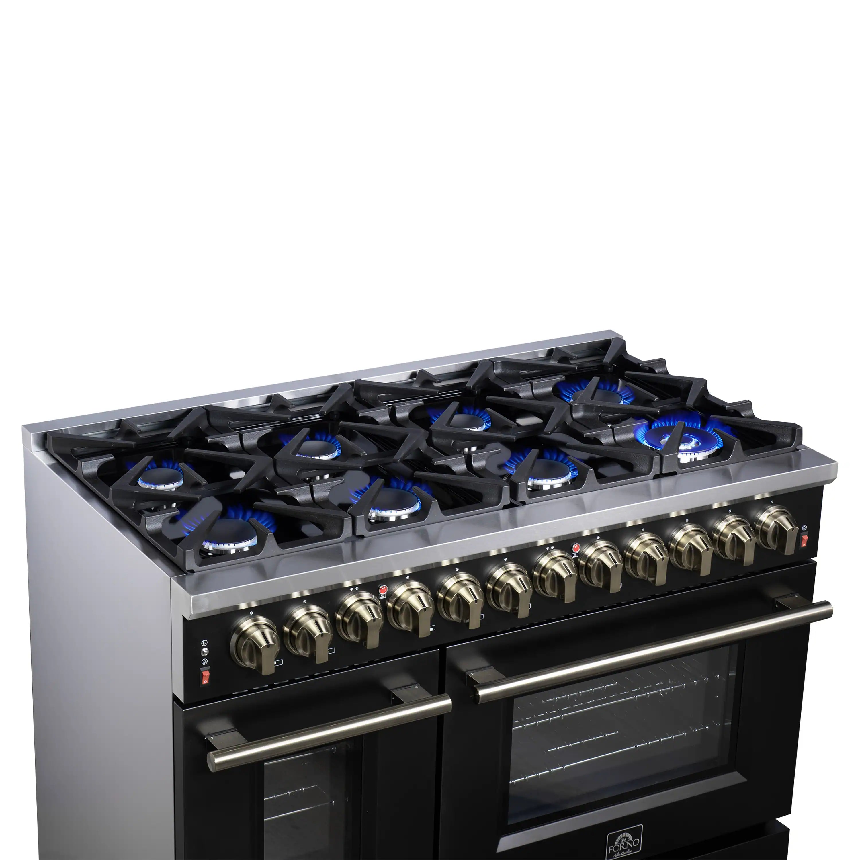 Black dual fuel gas range with 8 burners and brass-toned control knobs, blue flames