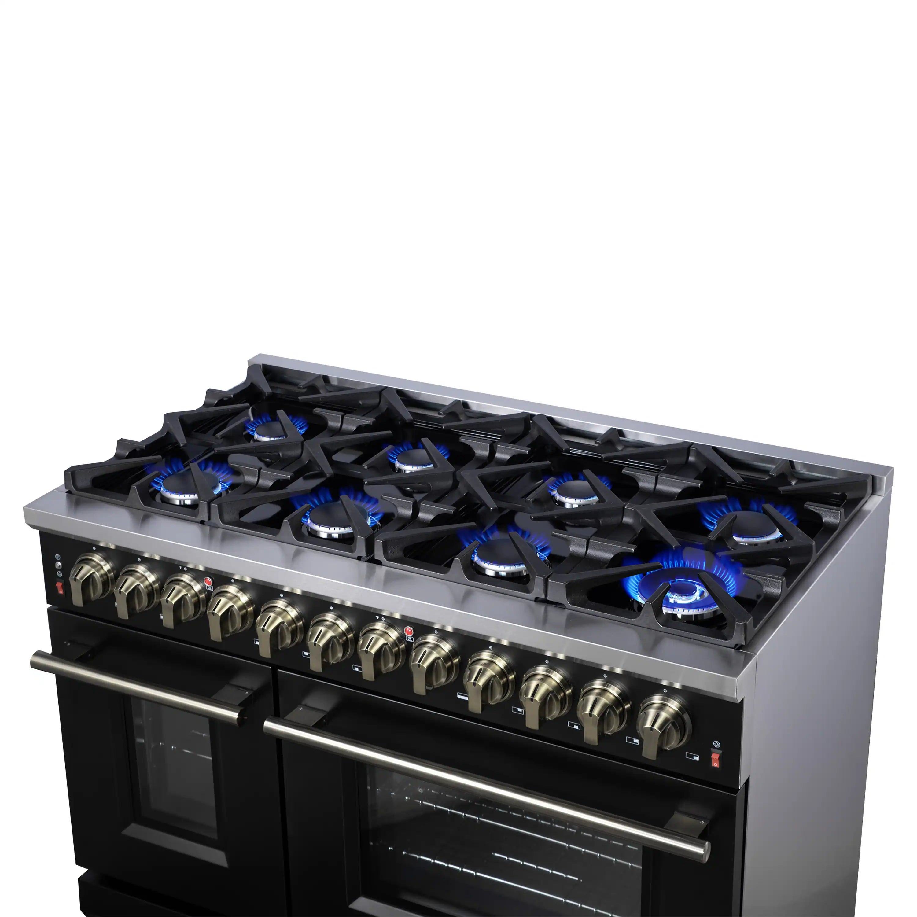 Black dual fuel gas range with 8 burners, brass-toned knobs, blue gas flames