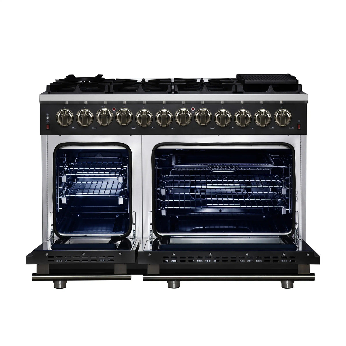 Black convection oven with doors open, visible racks, and blue interior walls