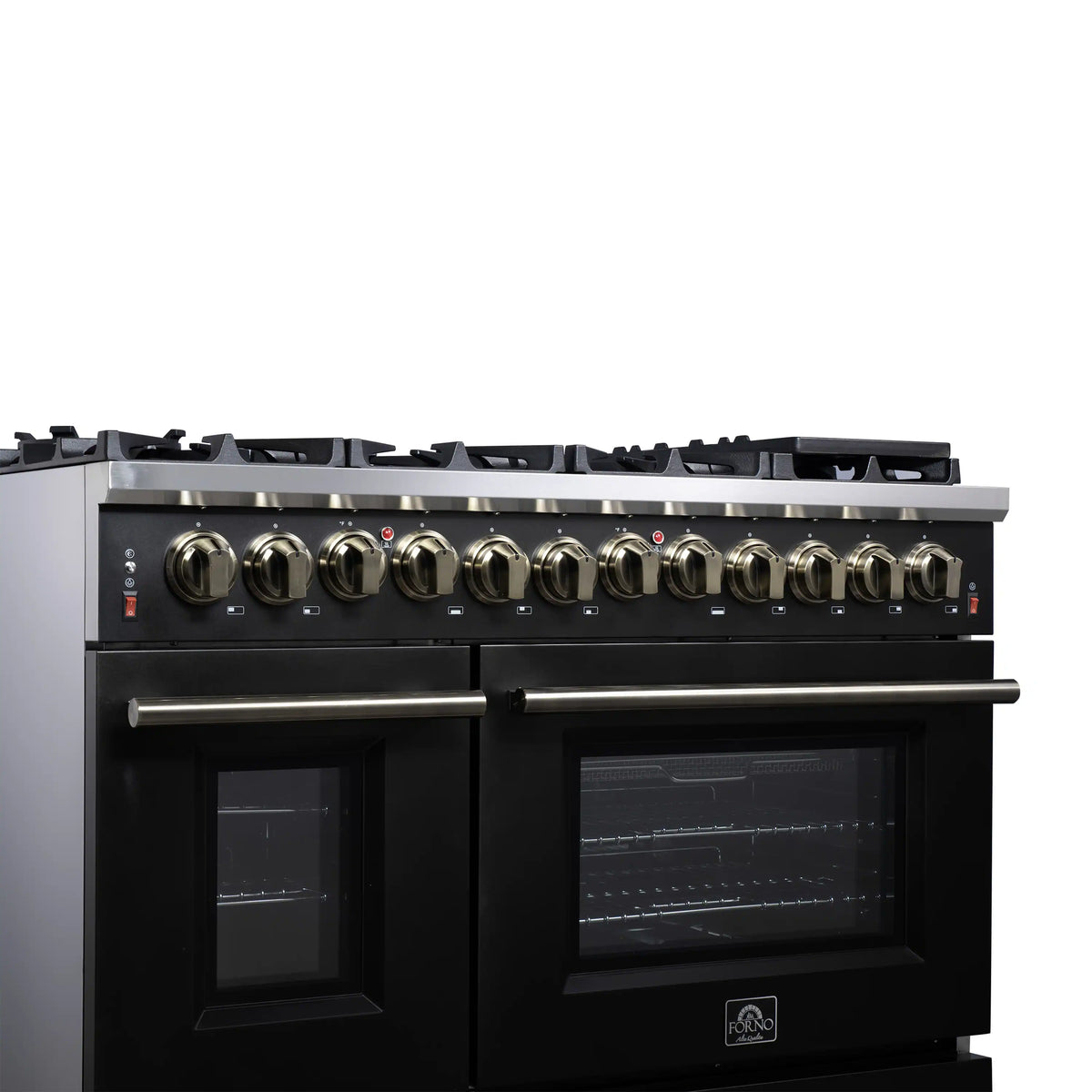 Black dual fuel range front with brass-toned knobs, burner grates, and oven doors