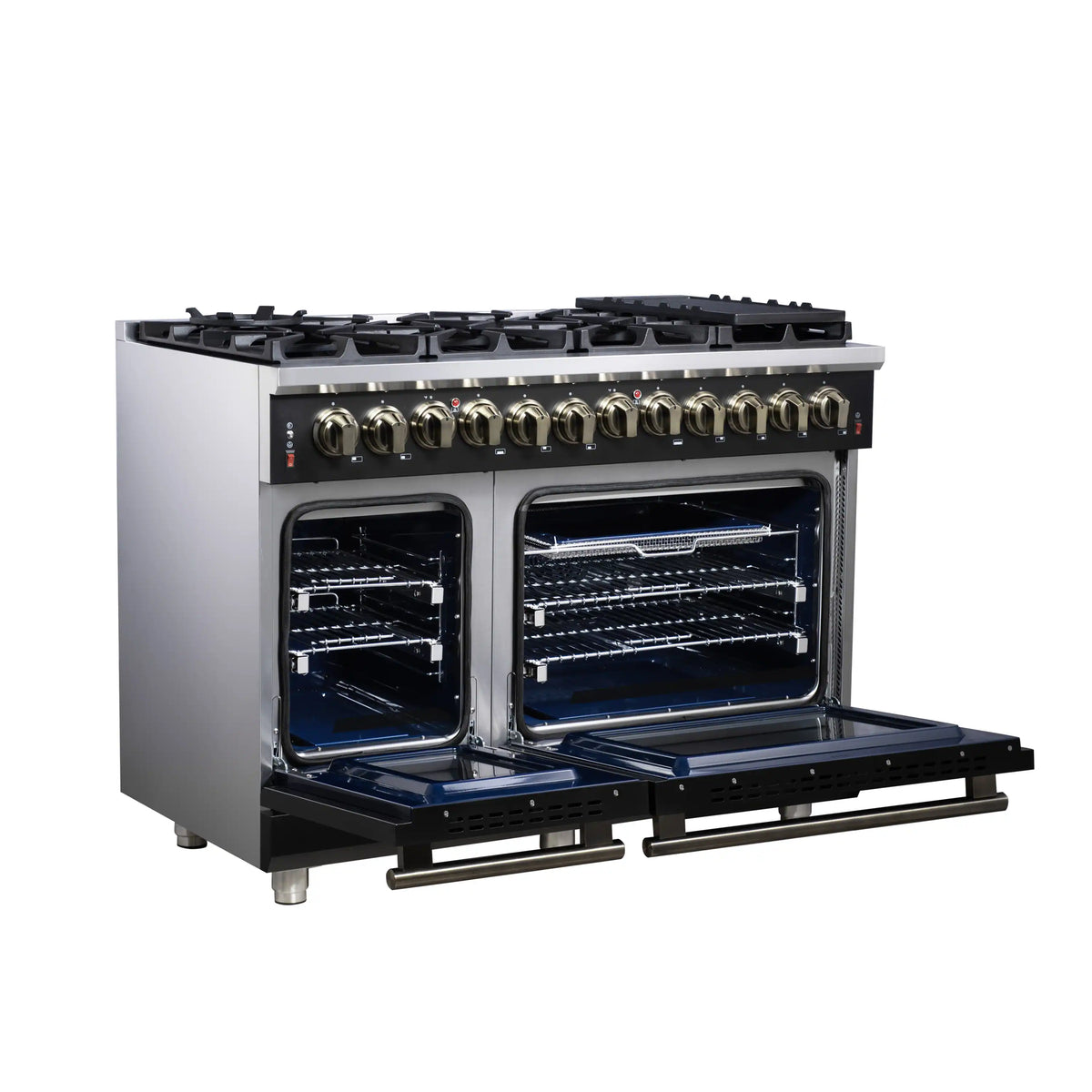 Black dual fuel range with both ovens open, blue interiors, and wire oven racks