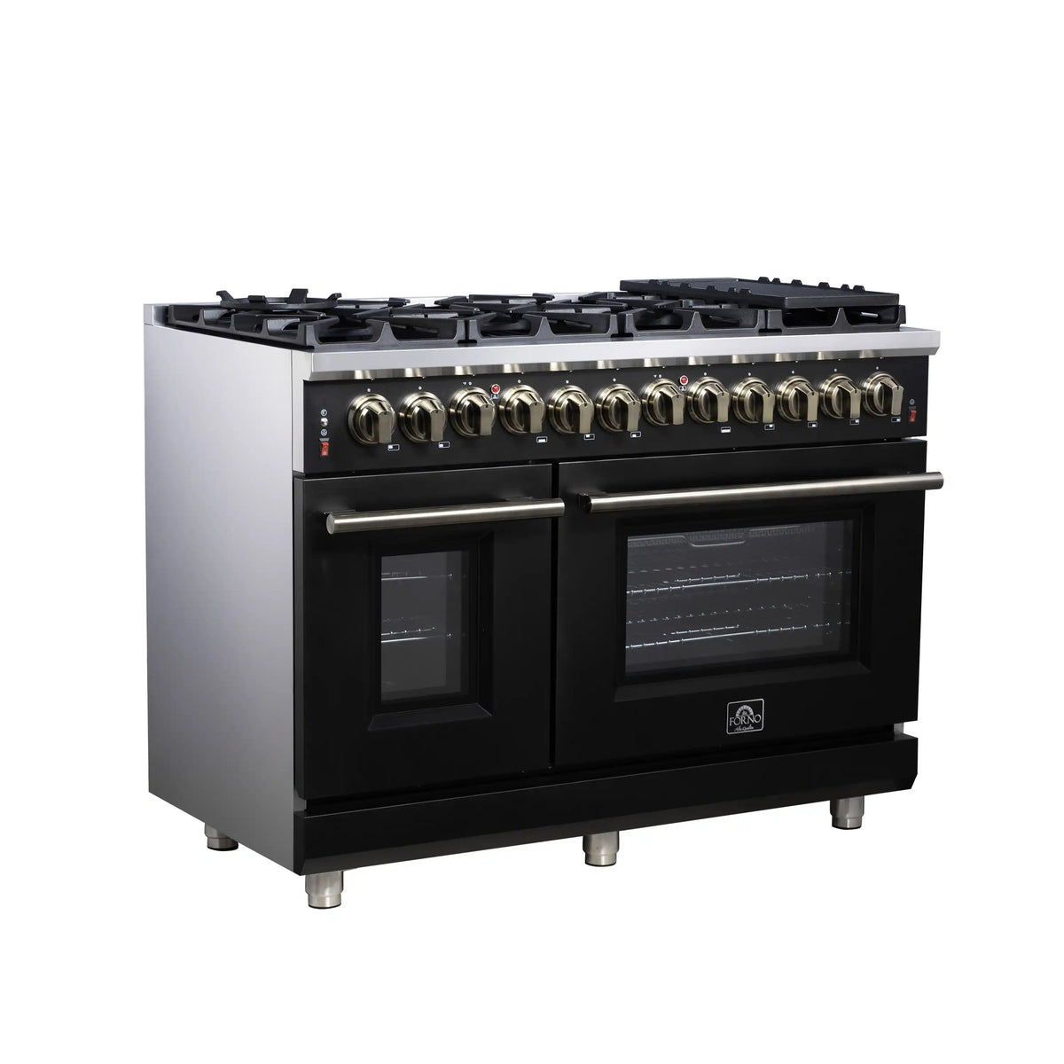Black dual fuel range with brass-toned knobs, burner grates, and two oven doors