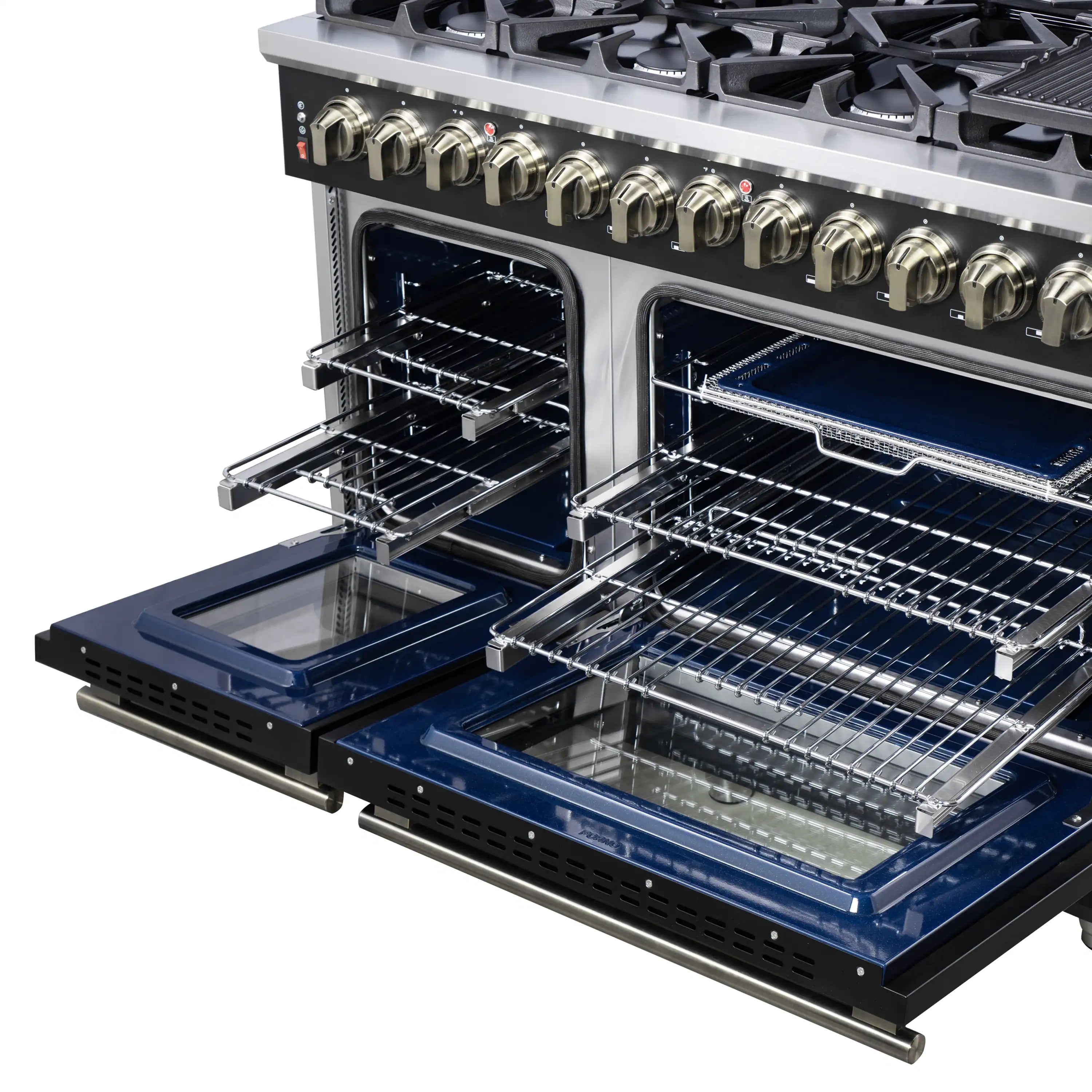 Dual oven range with both doors open, wire racks, and glass oven interiors