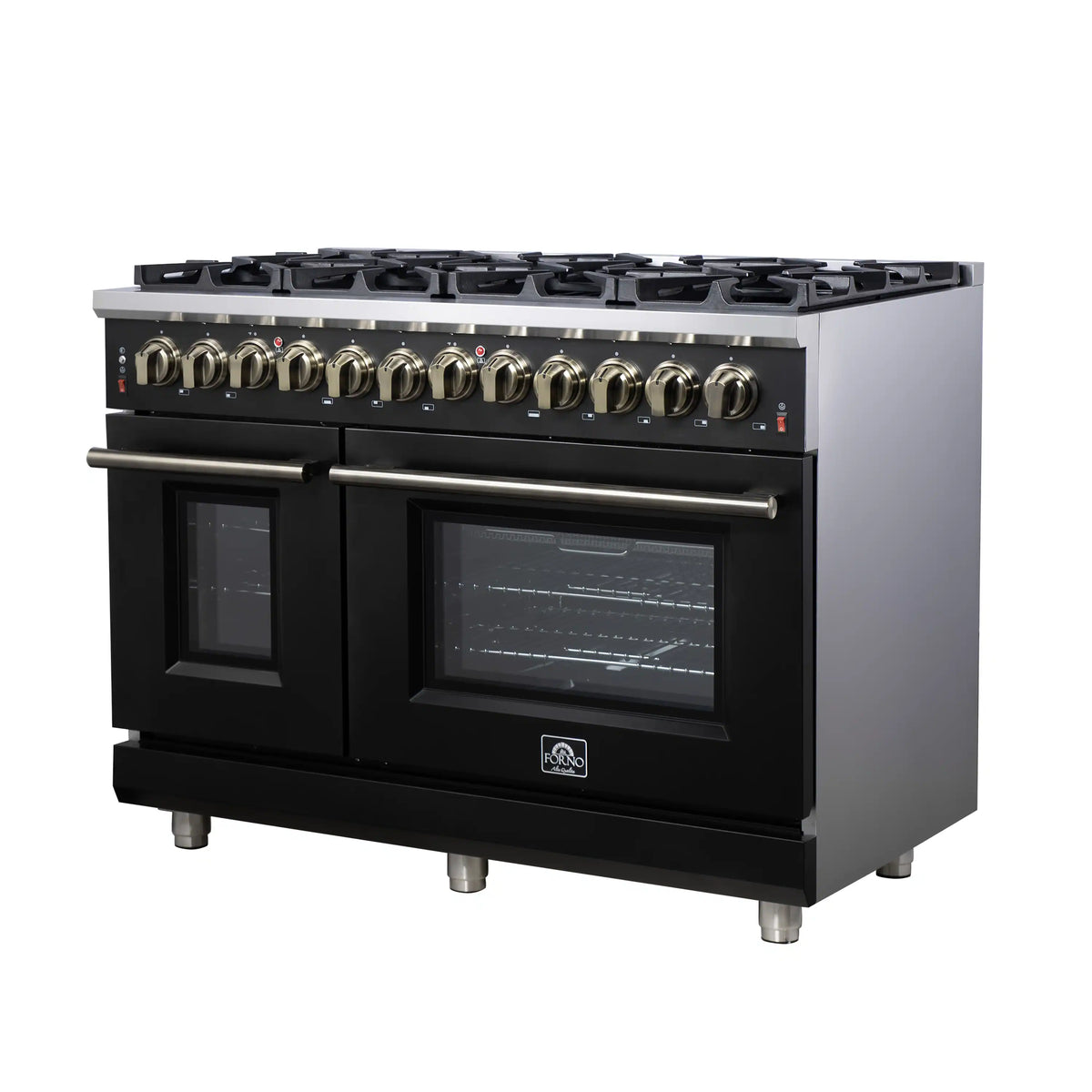Black freestanding dual fuel range with 8 burners and two oven doors