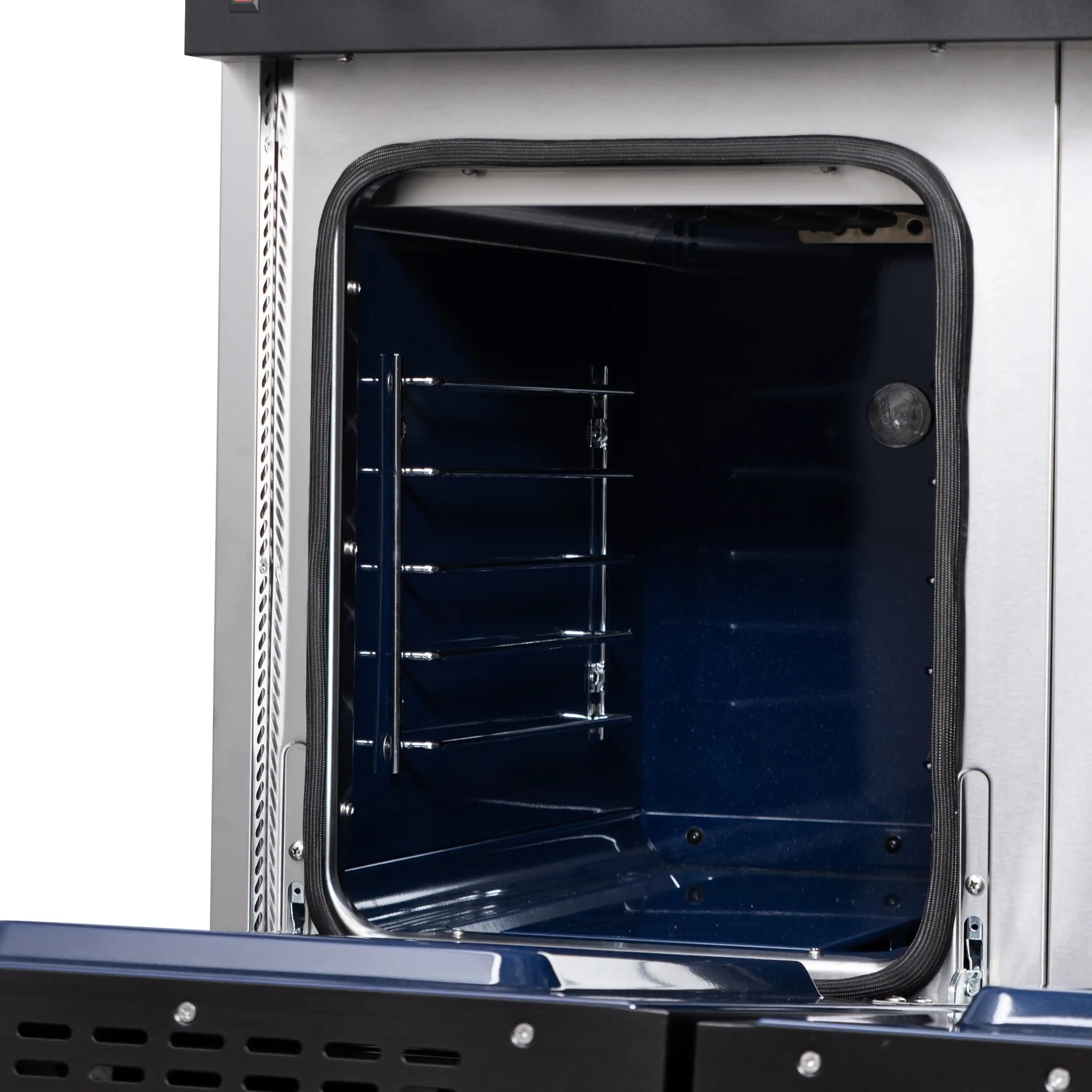 Open convection oven door with dark interior racks and round interior light