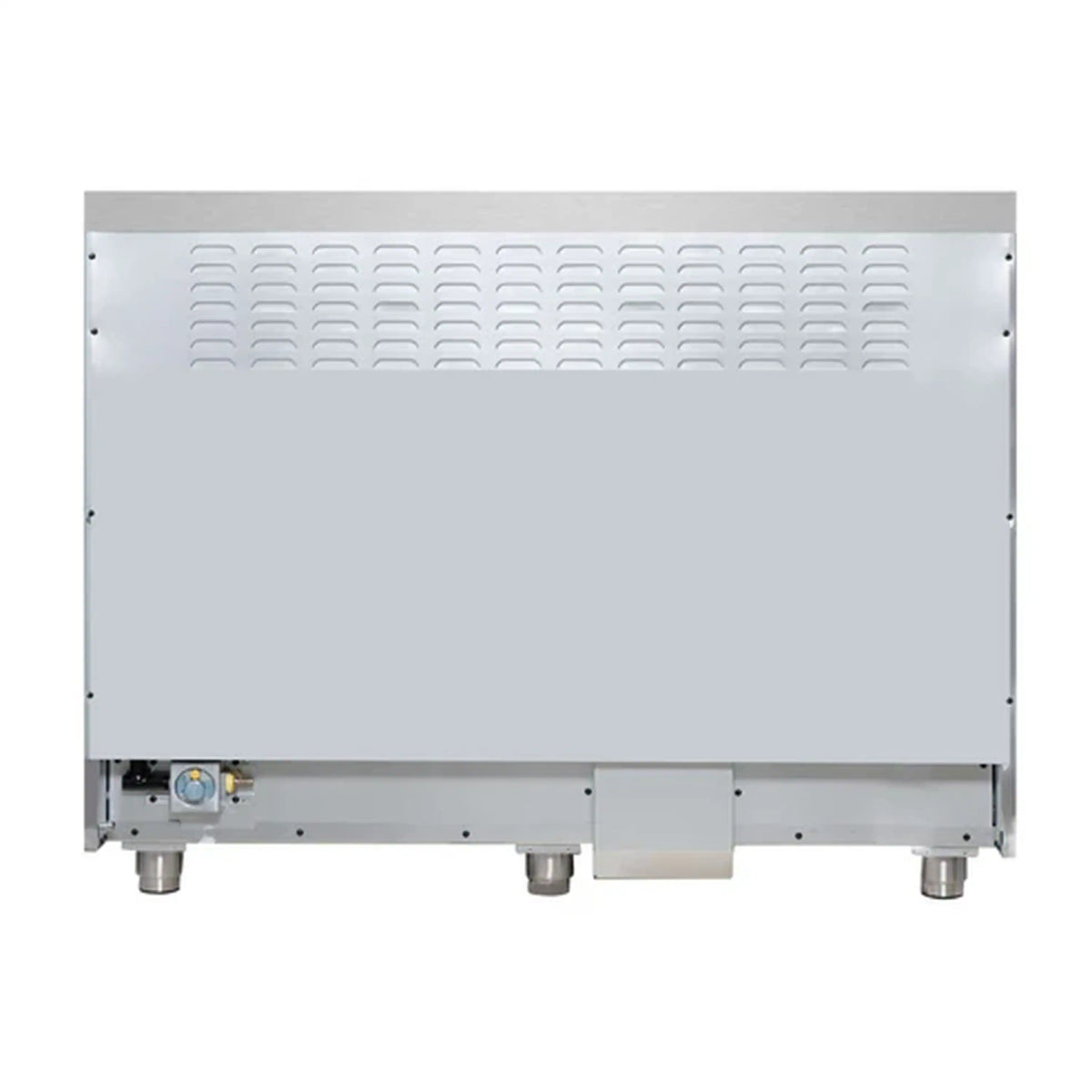 Vented rear panel of freestanding dual fuel range with service connections