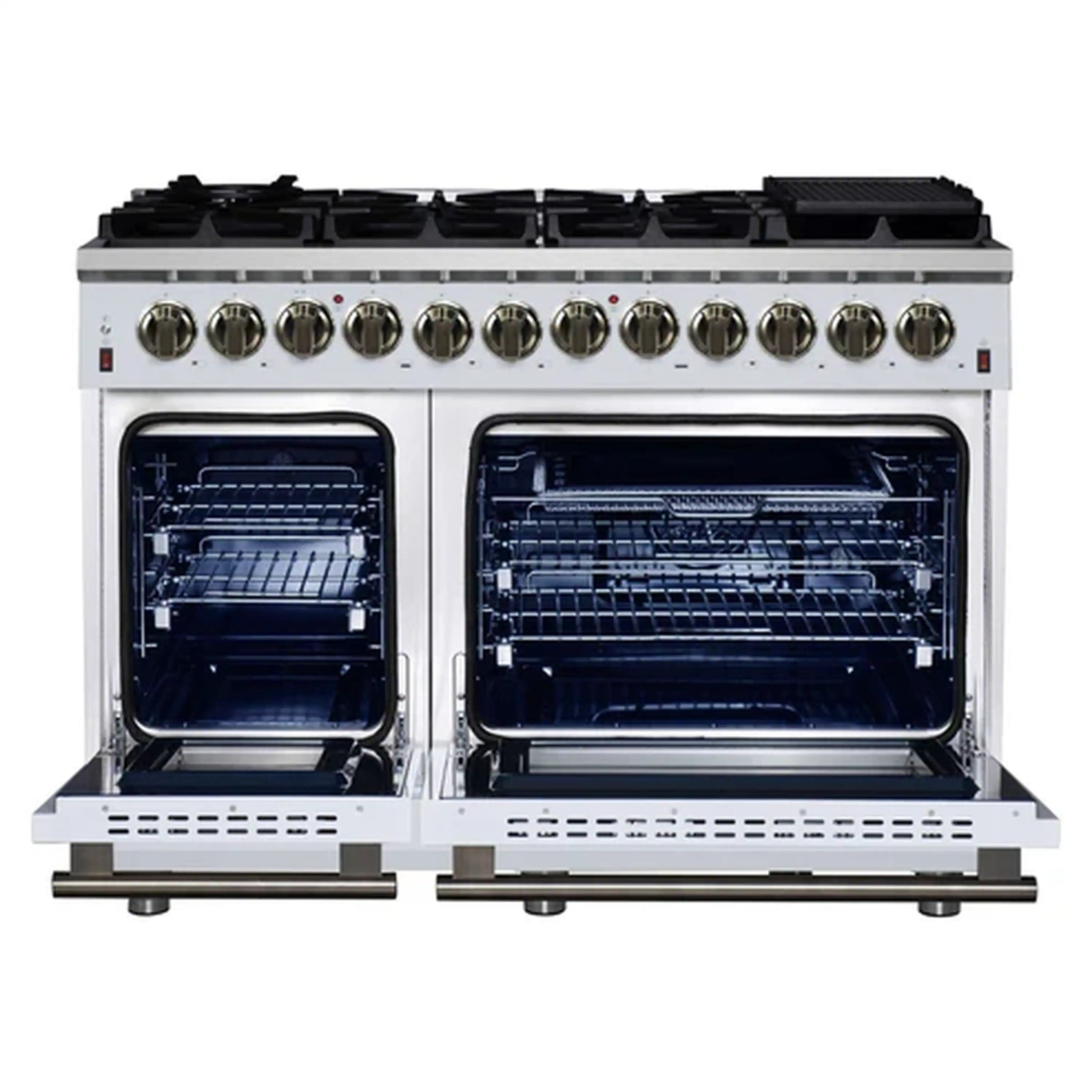 White freestanding dual fuel range with both oven compartments open and baking racks inside